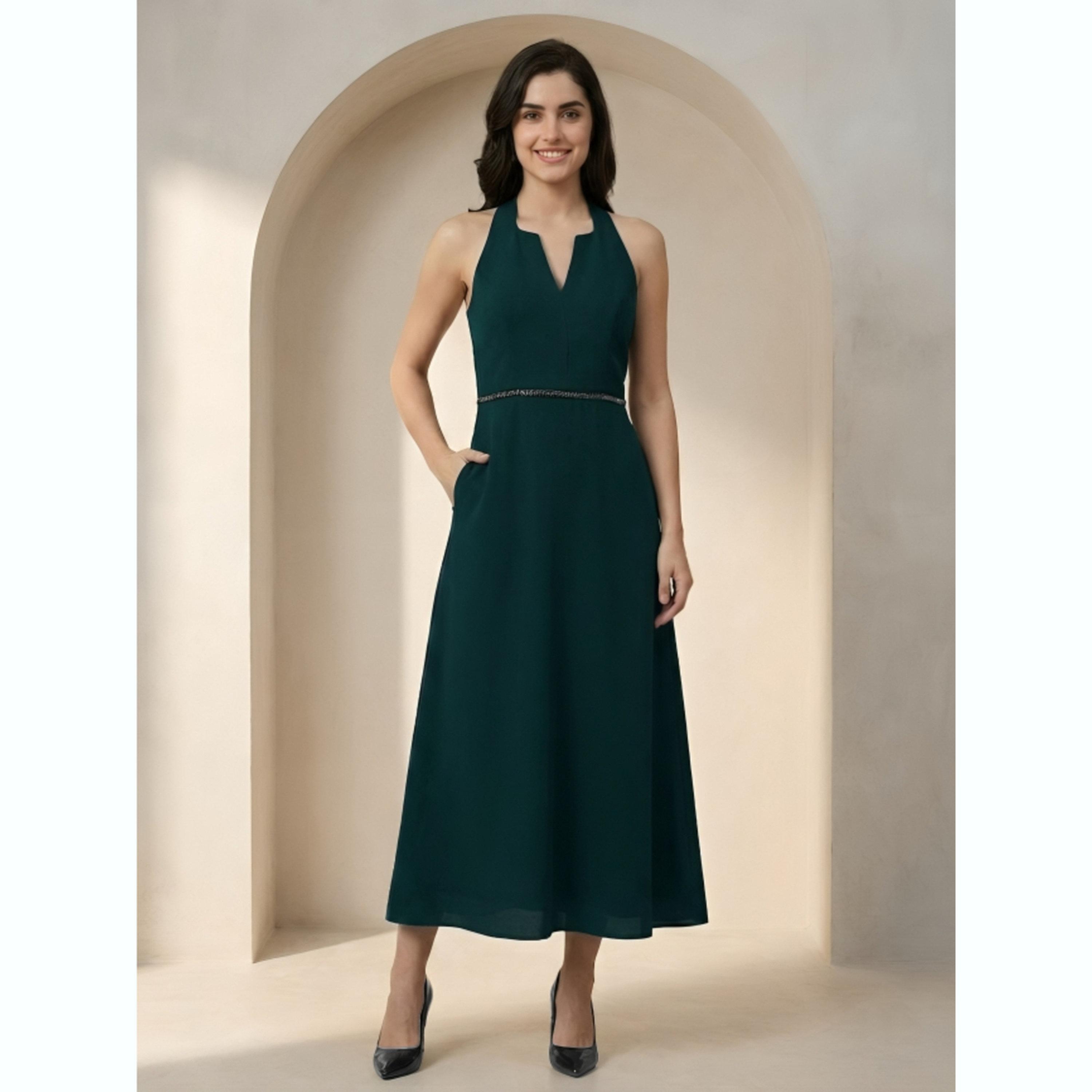 Mish X Styli Dark Green Halter Neck Maxi Dress with Beaded Waist-women-clothing-dresses-image-1