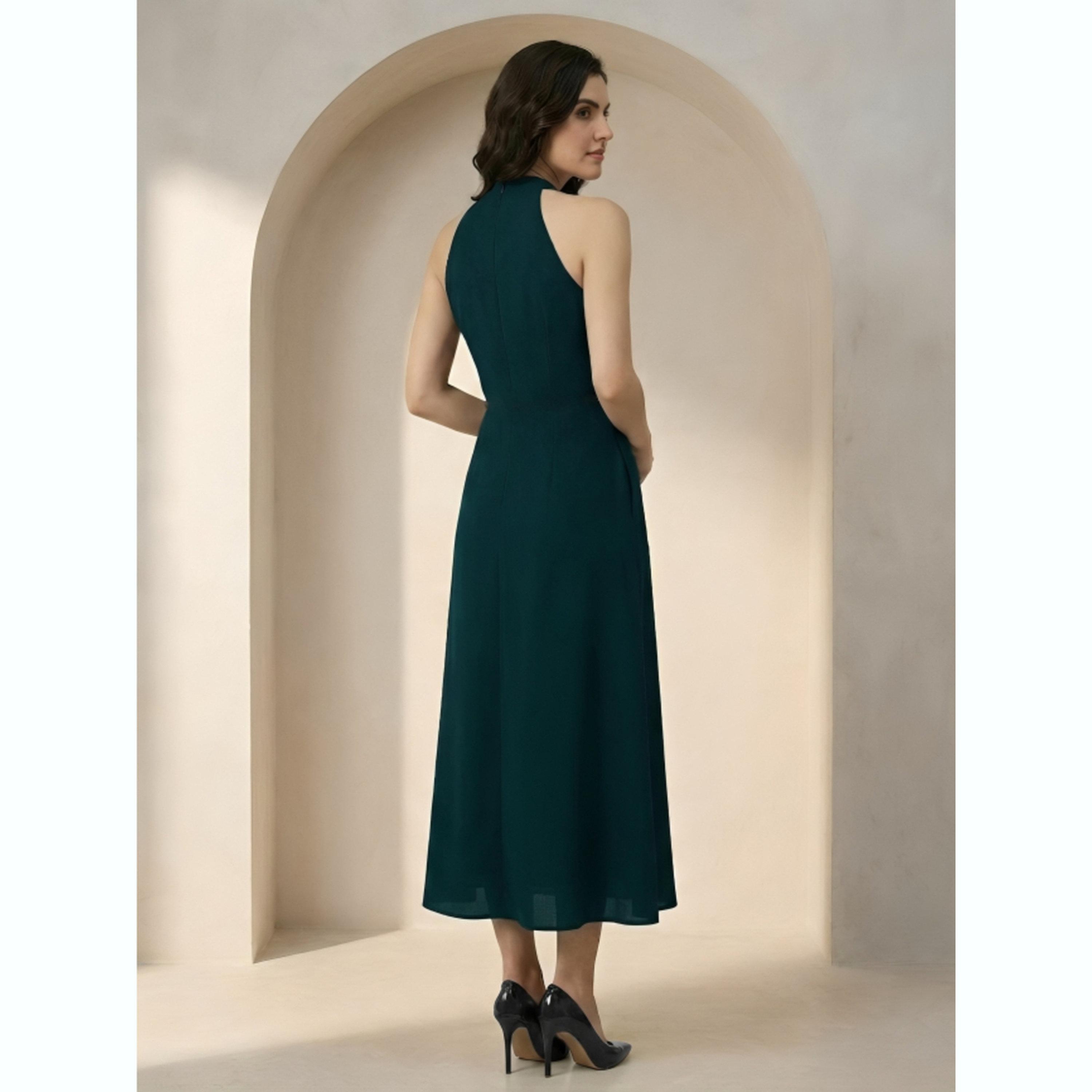 Mish X Styli Dark Green Halter Neck Maxi Dress with Beaded Waist-women-clothing-dresses-image-2
