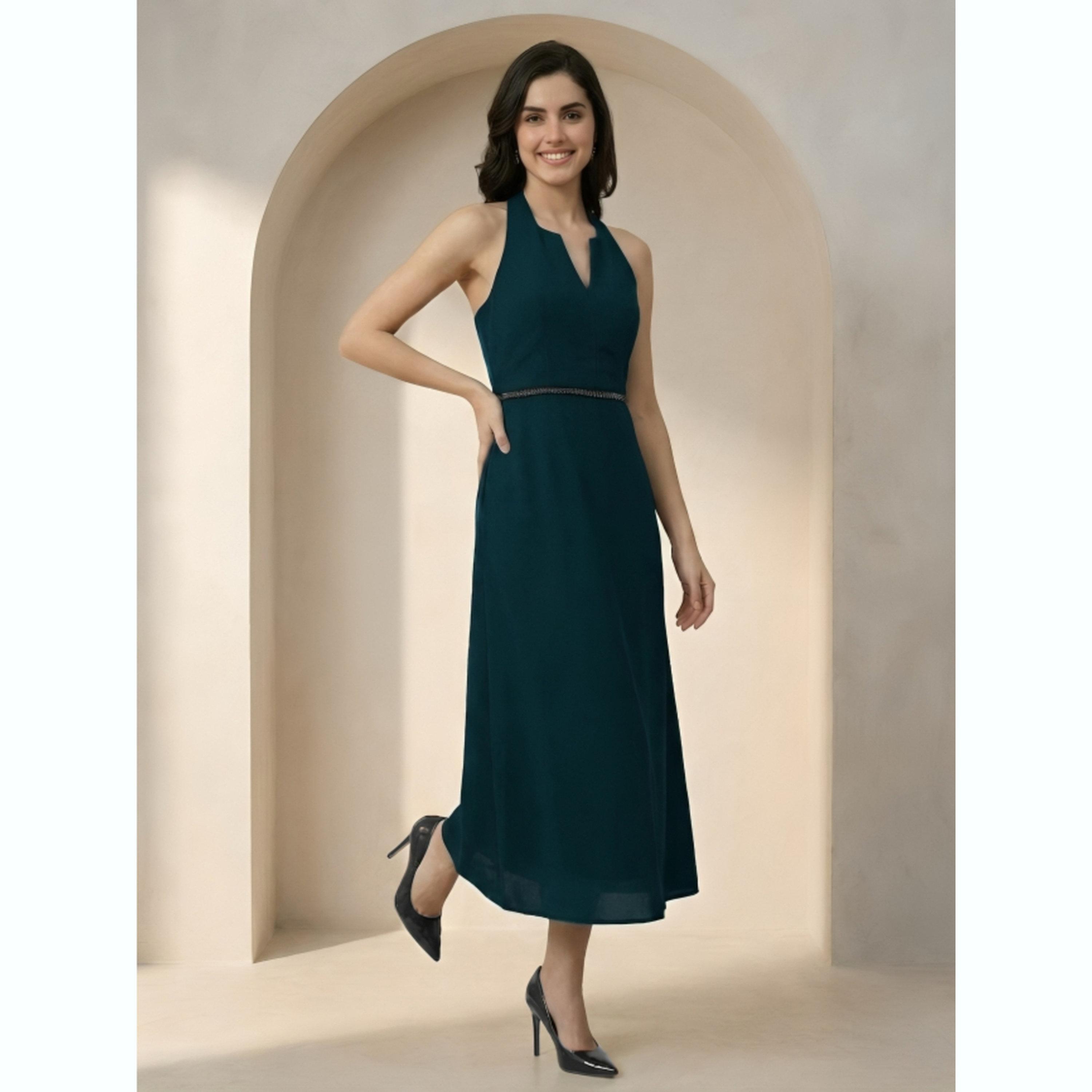 Mish X Styli Dark Green Halter Neck Maxi Dress with Beaded Waist-women-clothing-dresses-image-3