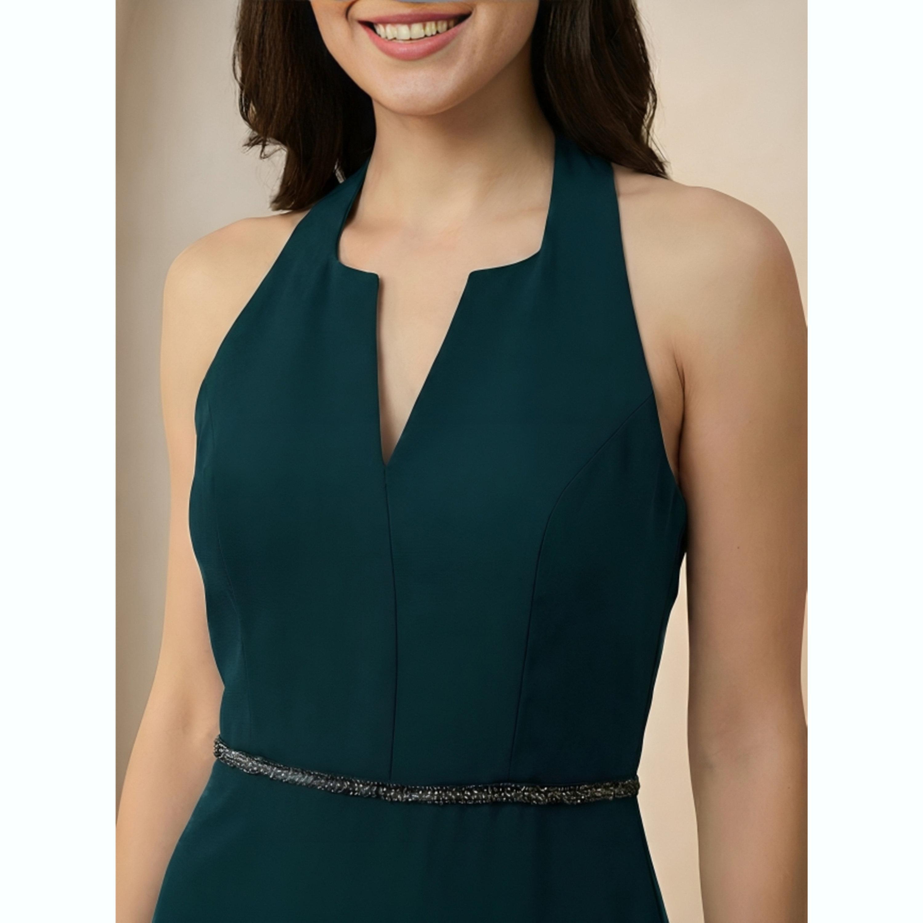 Mish X Styli Dark Green Halter Neck Maxi Dress with Beaded Waist-women-clothing-dresses-image-5