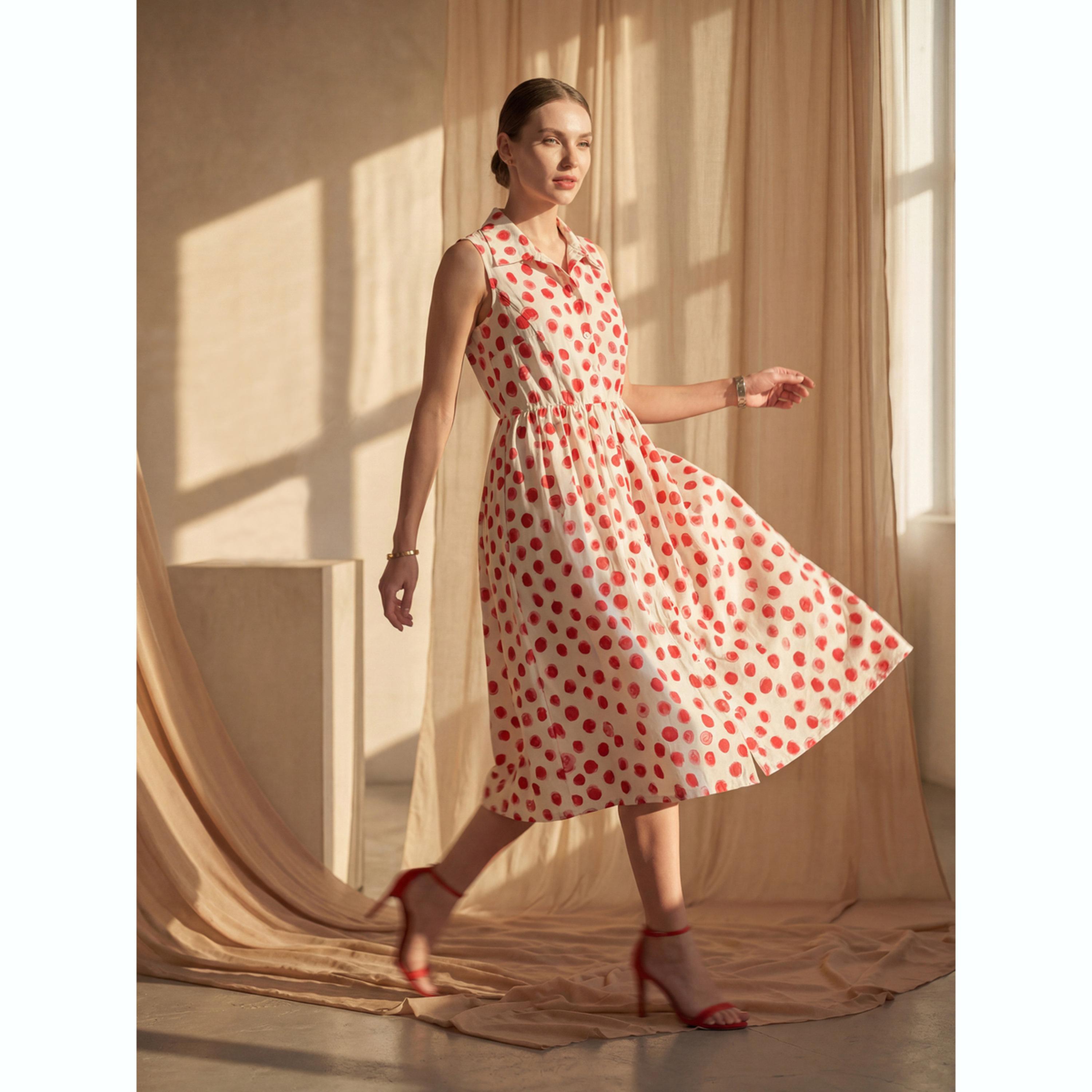 فستان ميدي بدون أكمام بنمط نقاط البولكا باللون الأبيض-women-clothing-dresses-image-2