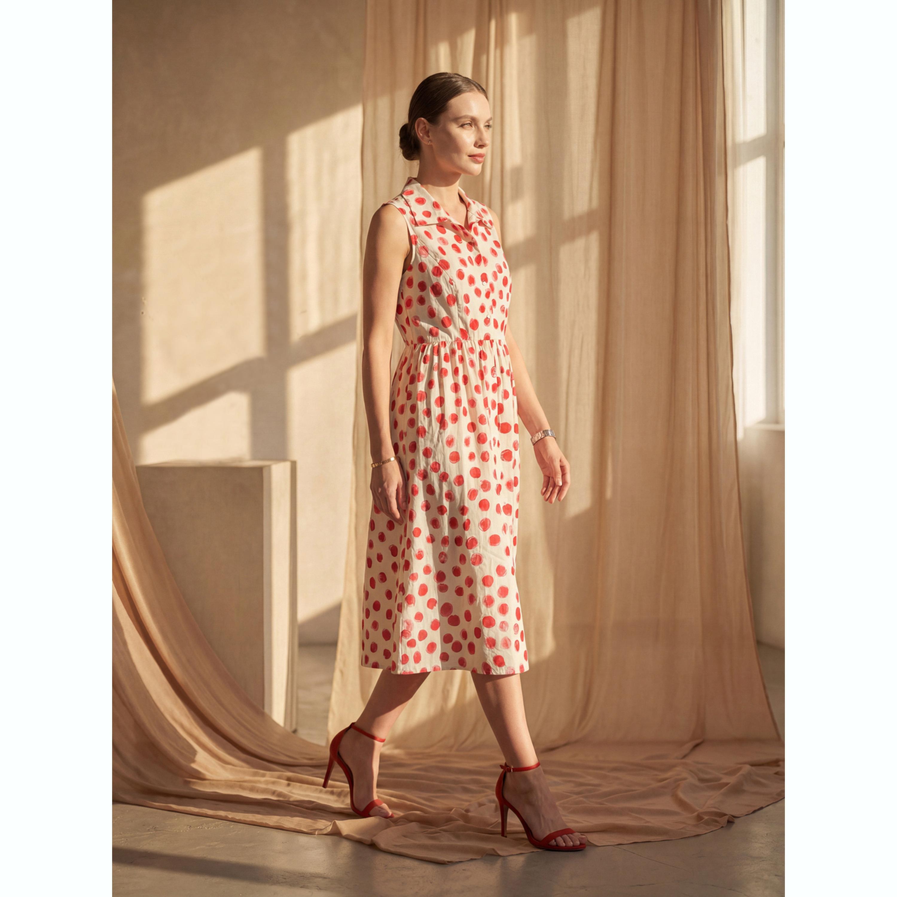 فستان ميدي بدون أكمام بنمط نقاط البولكا باللون الأبيض-women-clothing-dresses-image-3