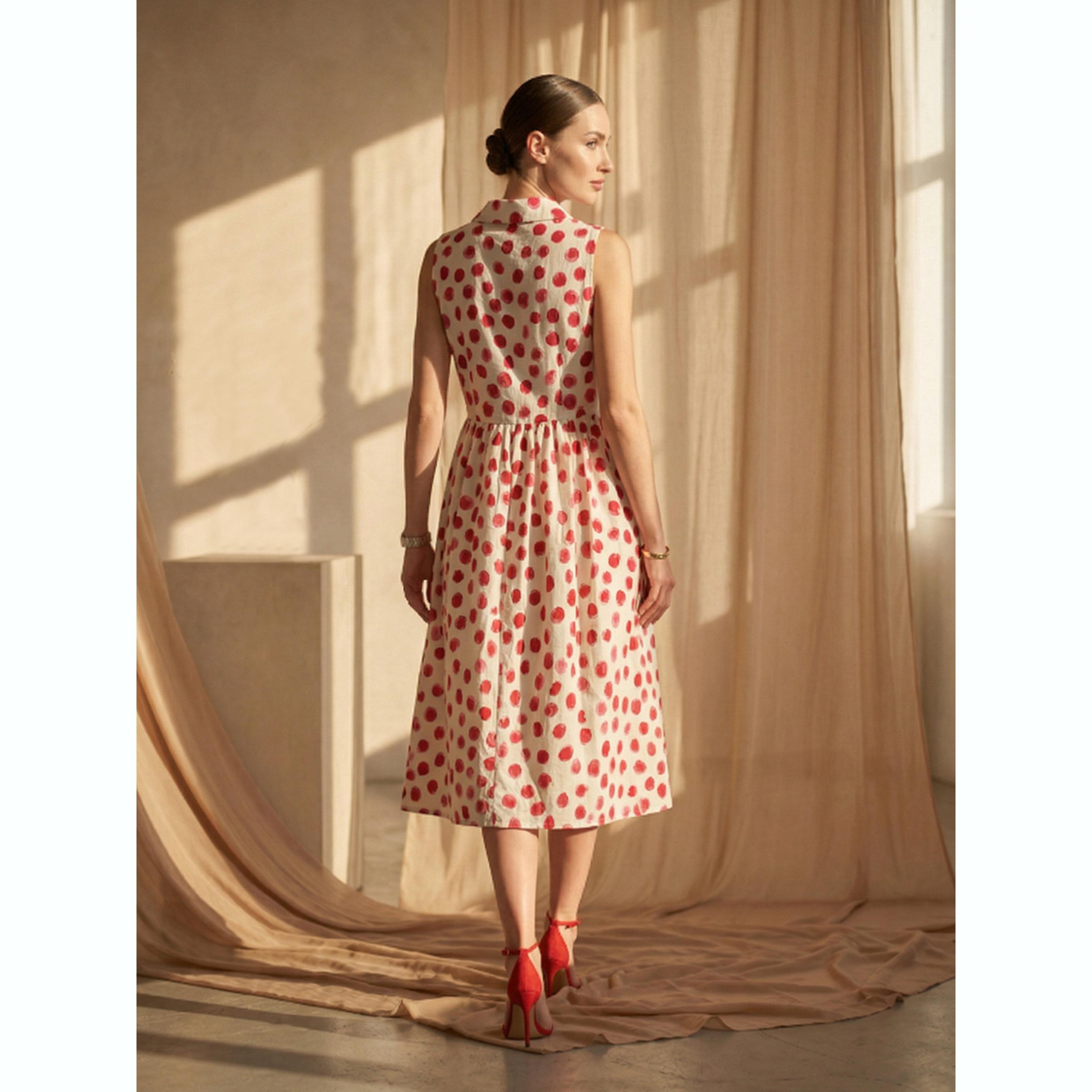 فستان ميدي بدون أكمام بنمط نقاط البولكا باللون الأبيض-women-clothing-dresses-image-5
