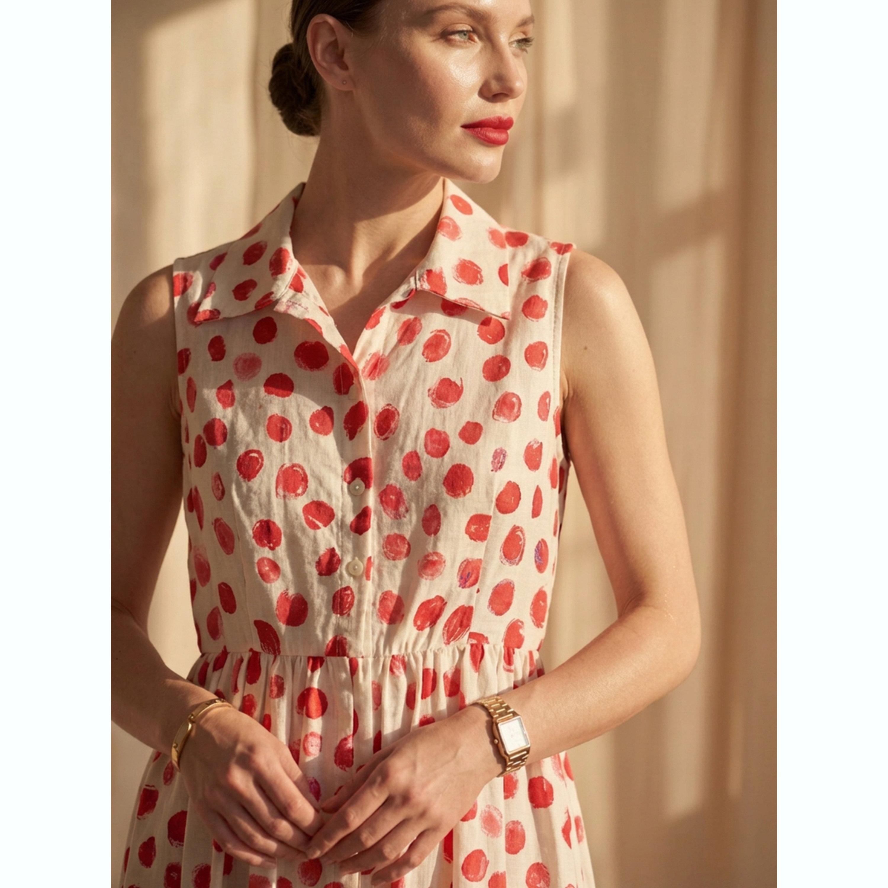 فستان ميدي بدون أكمام بنمط نقاط البولكا باللون الأبيض-women-clothing-dresses-image-6