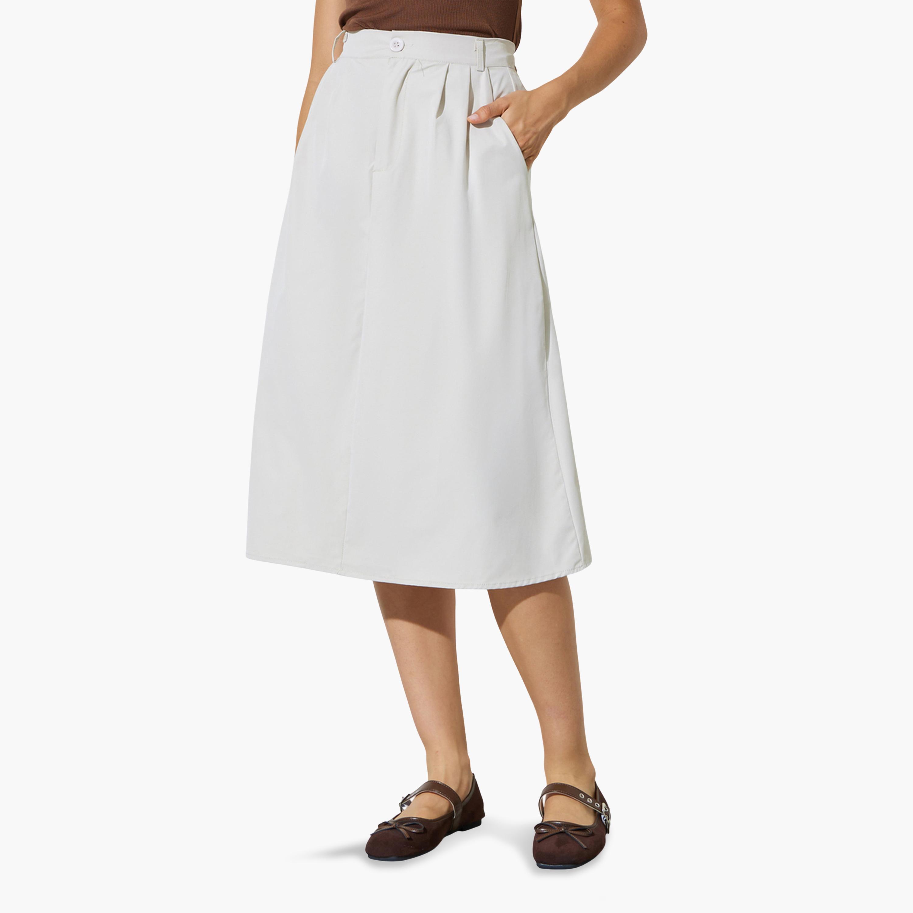 Styli Cream A-Line Midi Skirt with Side Pocket-women-clothing-bottoms-skirts-image-1