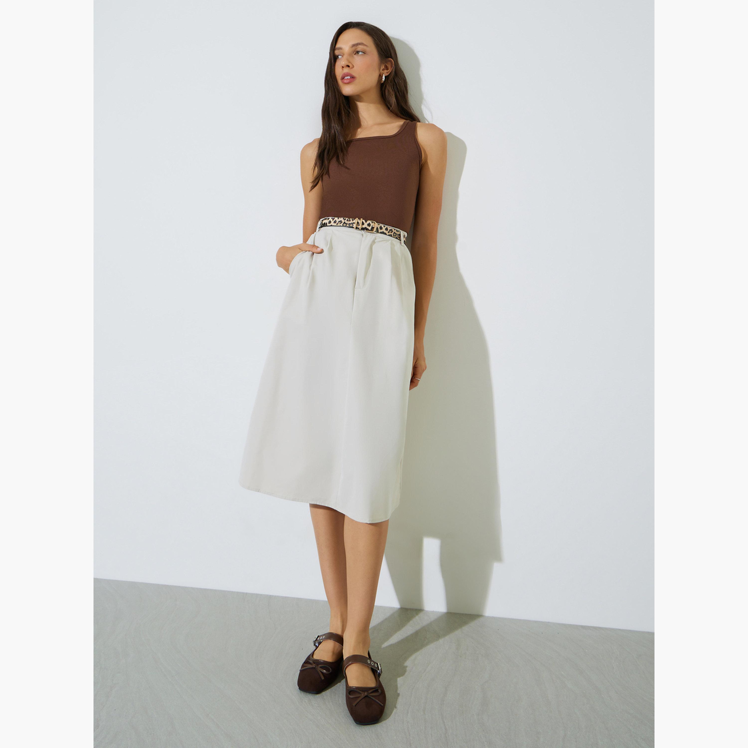 Styli Cream A-Line Midi Skirt with Side Pocket-women-clothing-bottoms-skirts-image-2