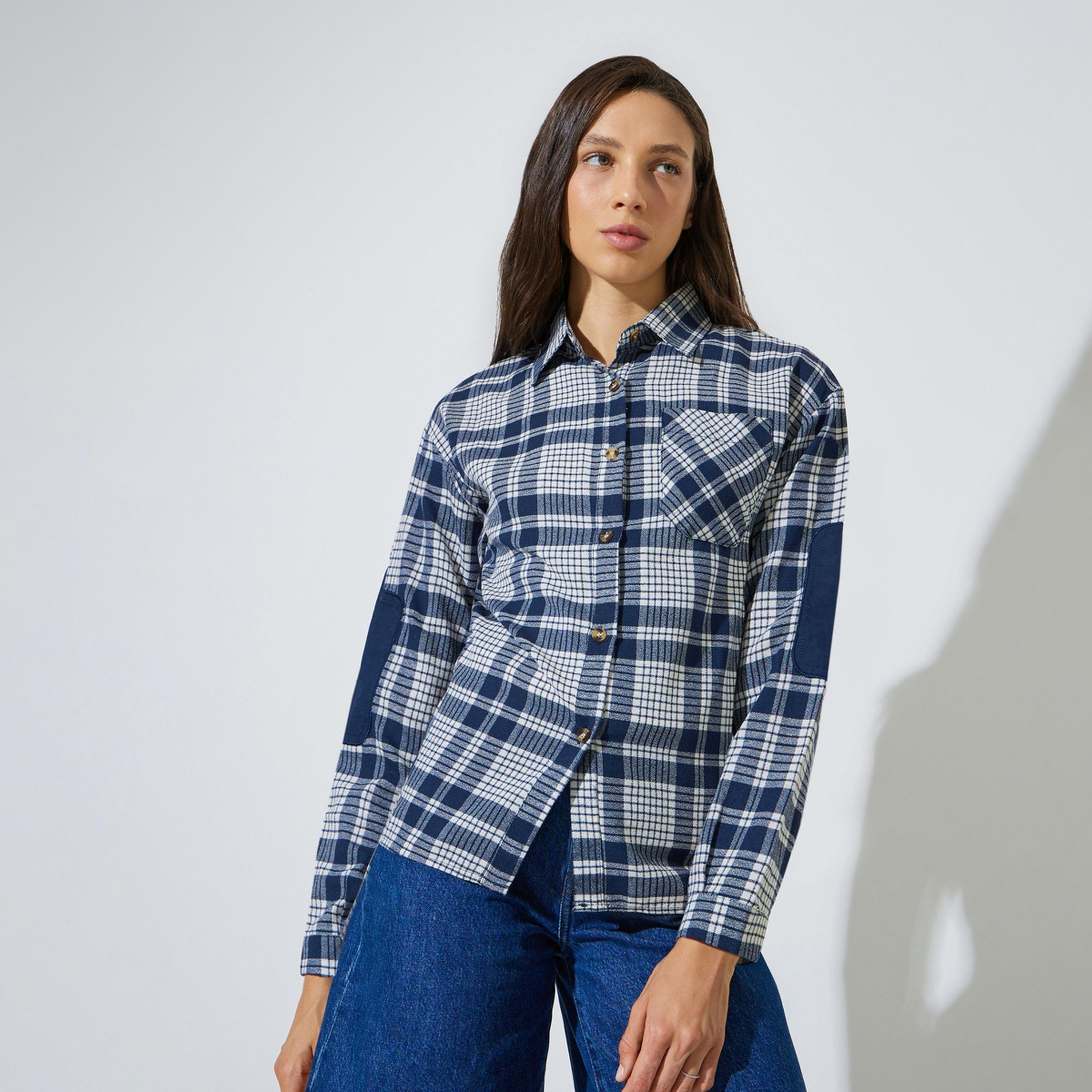 قميص بأكمام طويلة بنقشة مربعات-women-clothing-shirtsandblouses-shirts-image-1