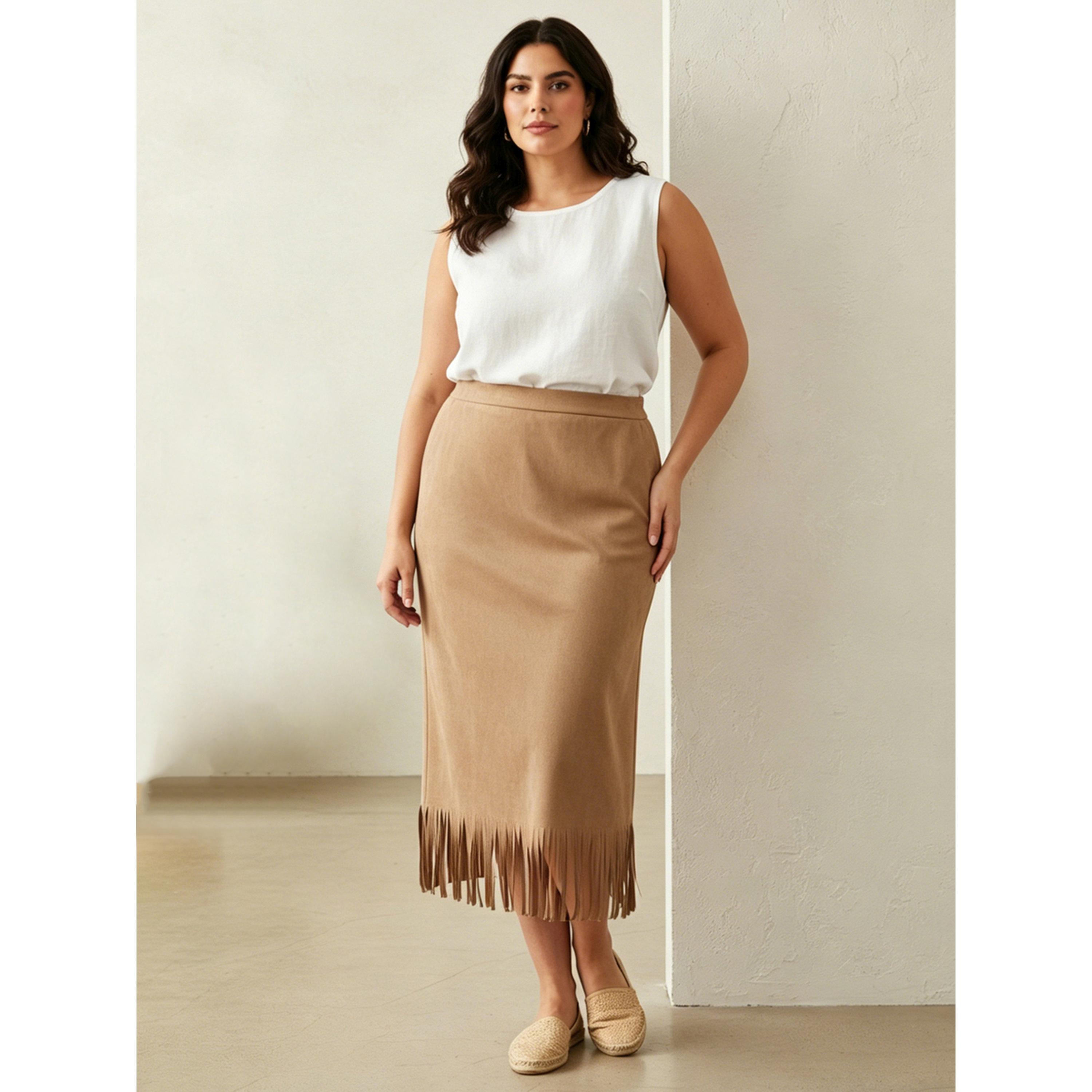 تنورة ميدي بشراشيب من الشامواه الصناعي للمقاسات الكبيرة بلون بيج-women-clothing-skirts-image-2