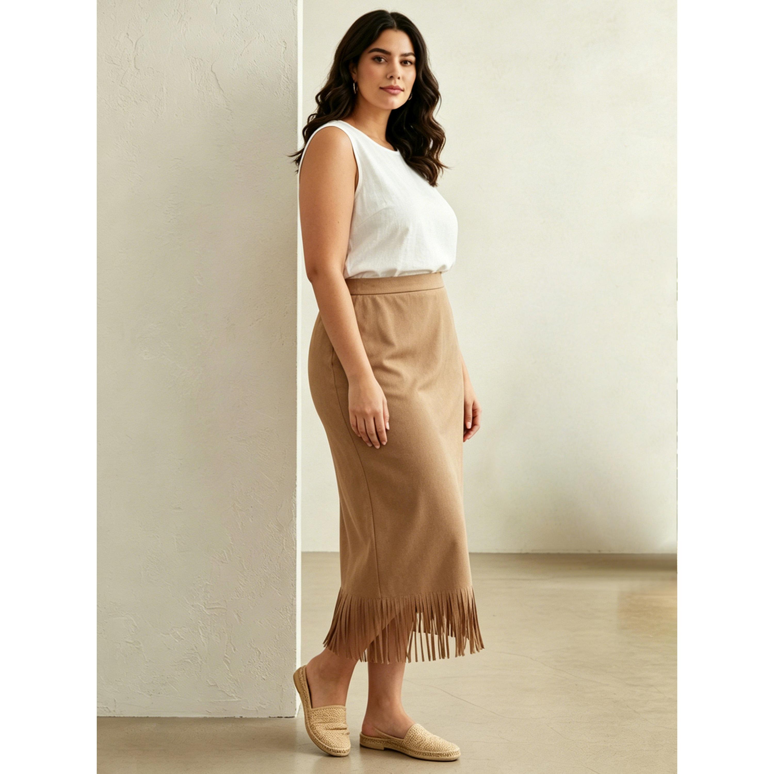 تنورة ميدي بشراشيب من الشامواه الصناعي للمقاسات الكبيرة بلون بيج-women-clothing-skirts-image-3