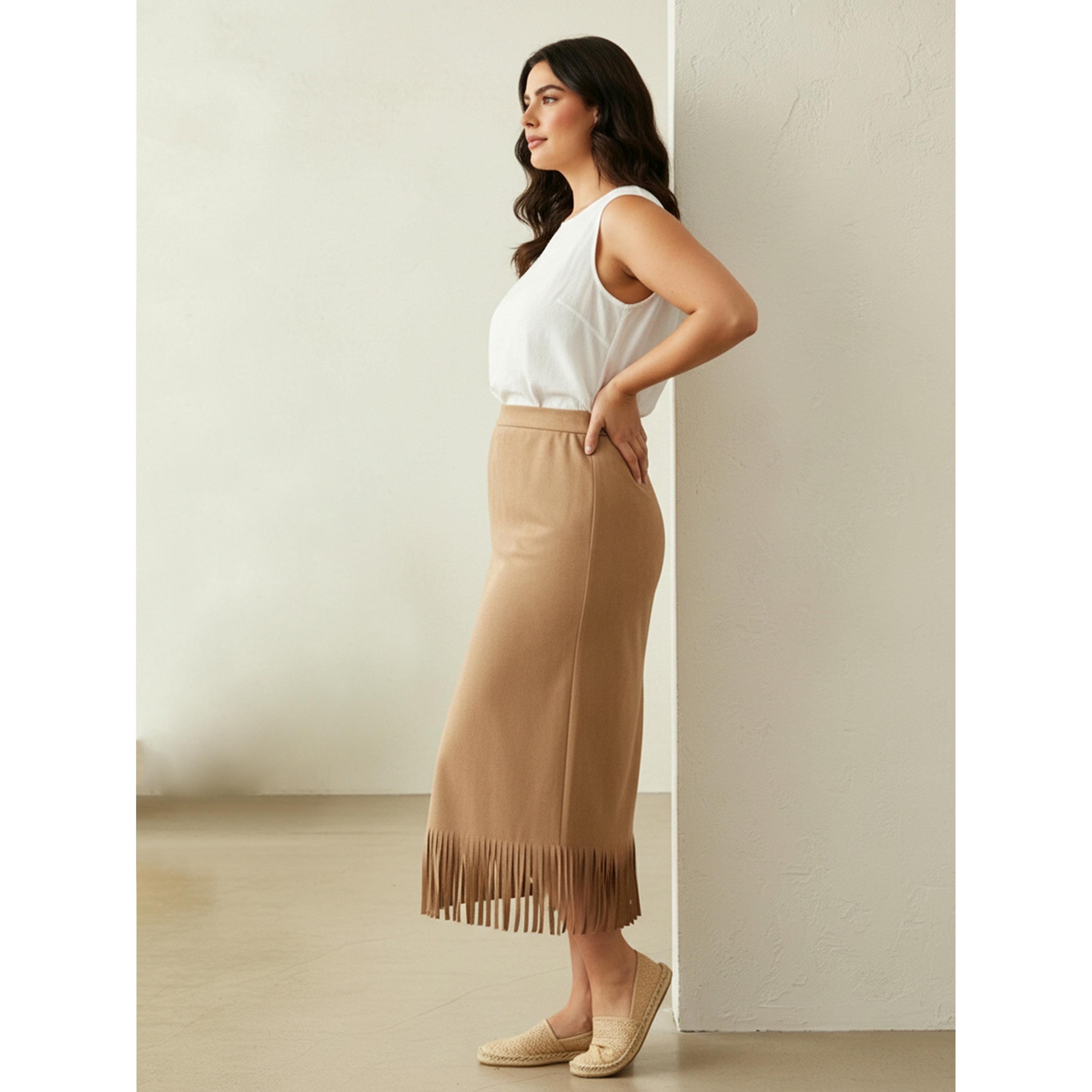 تنورة ميدي بشراشيب من الشامواه الصناعي للمقاسات الكبيرة بلون بيج-women-clothing-skirts-image-5