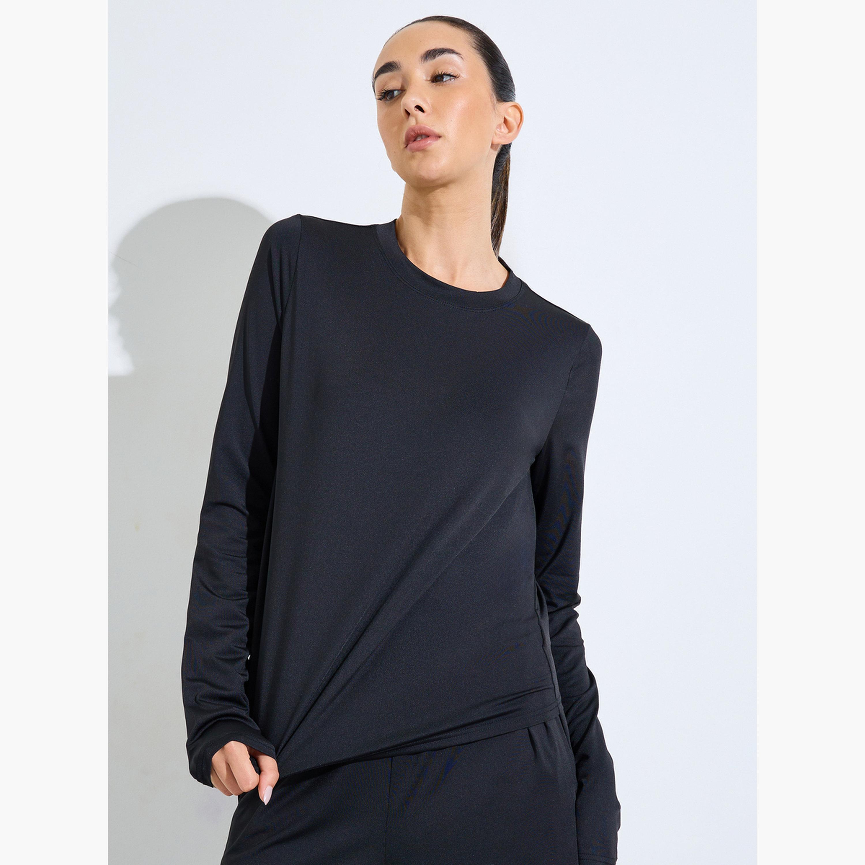 ستايلي - طقم أسود فضفاض مكون من بلوزة وبنطال مستقيم مع فتحة للإبهام-sports-women-clothing-trackpantsandtracksuits-image-2