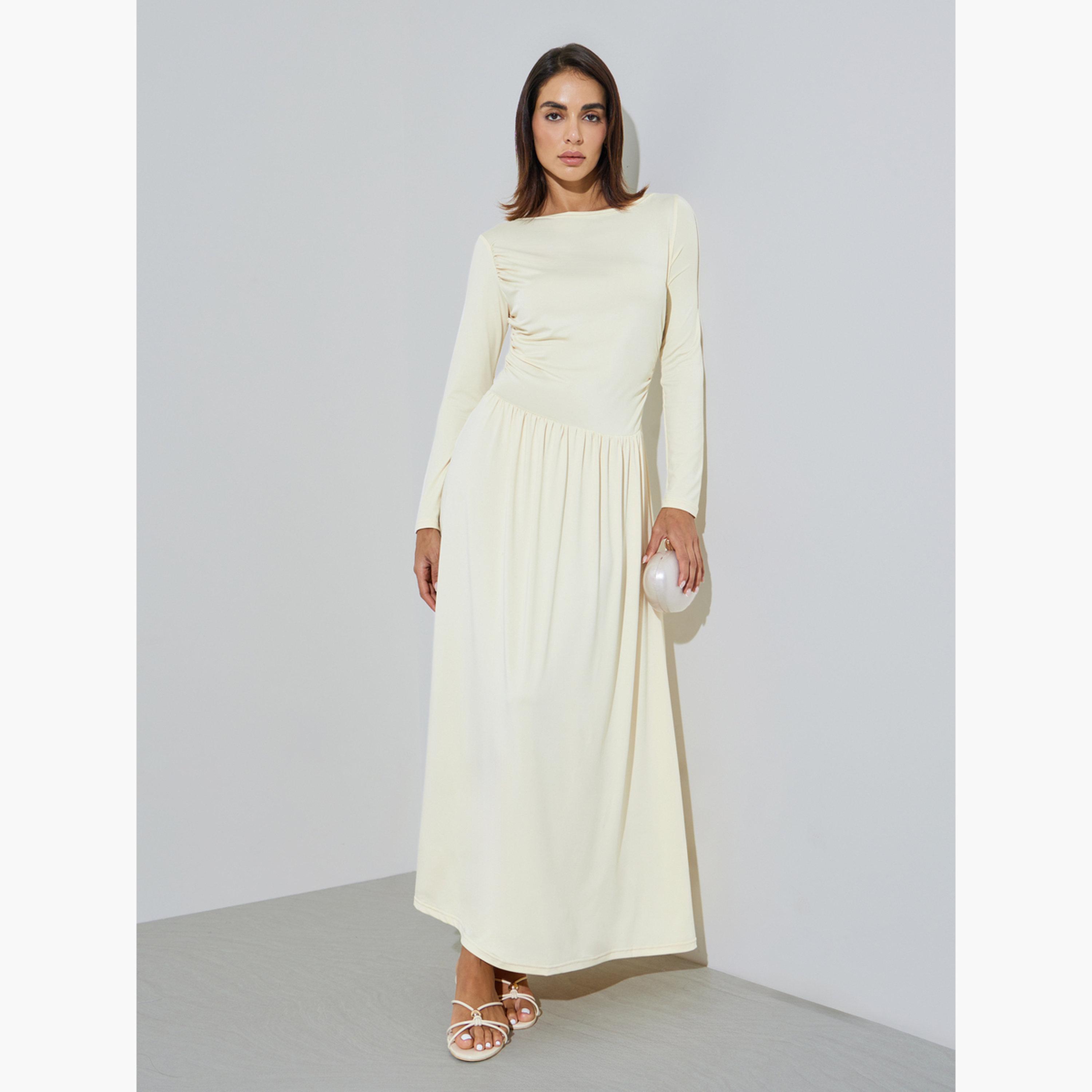 Styli Cream Side Gathered A-Line Maxi Dress-women-clothing-dresses-image-1
