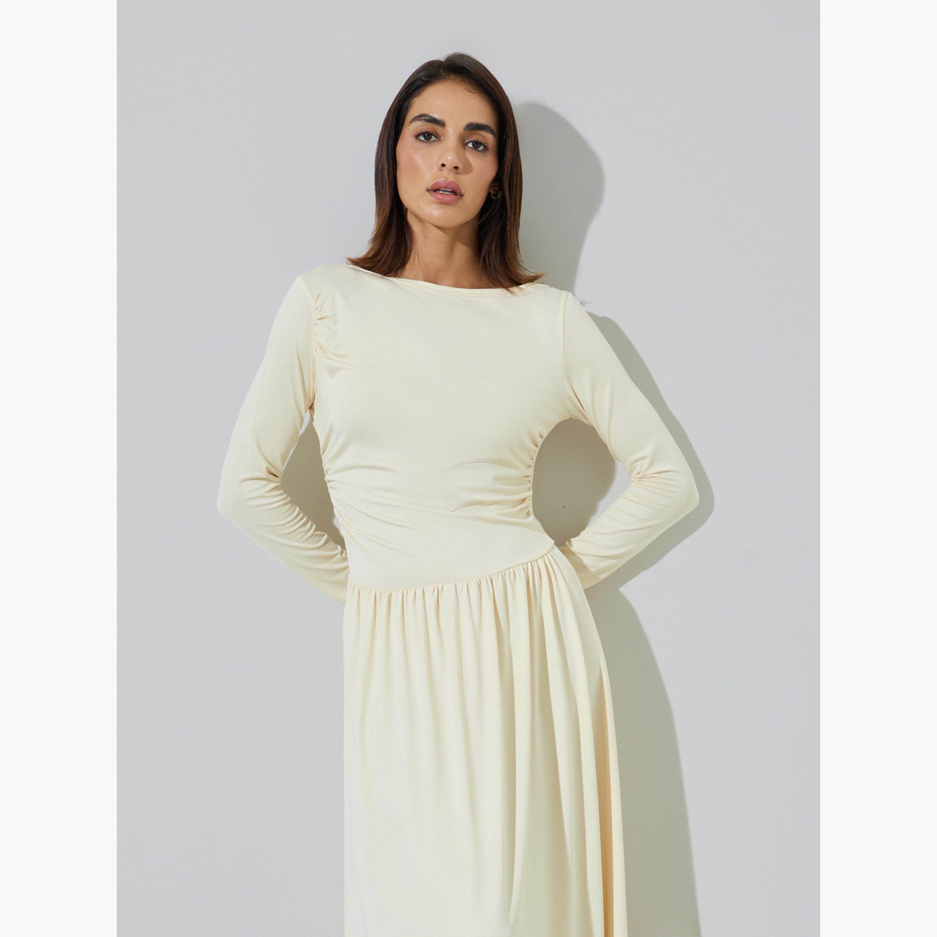 Styli Cream Side Gathered A-Line Maxi Dress-women-clothing-dresses-image-2