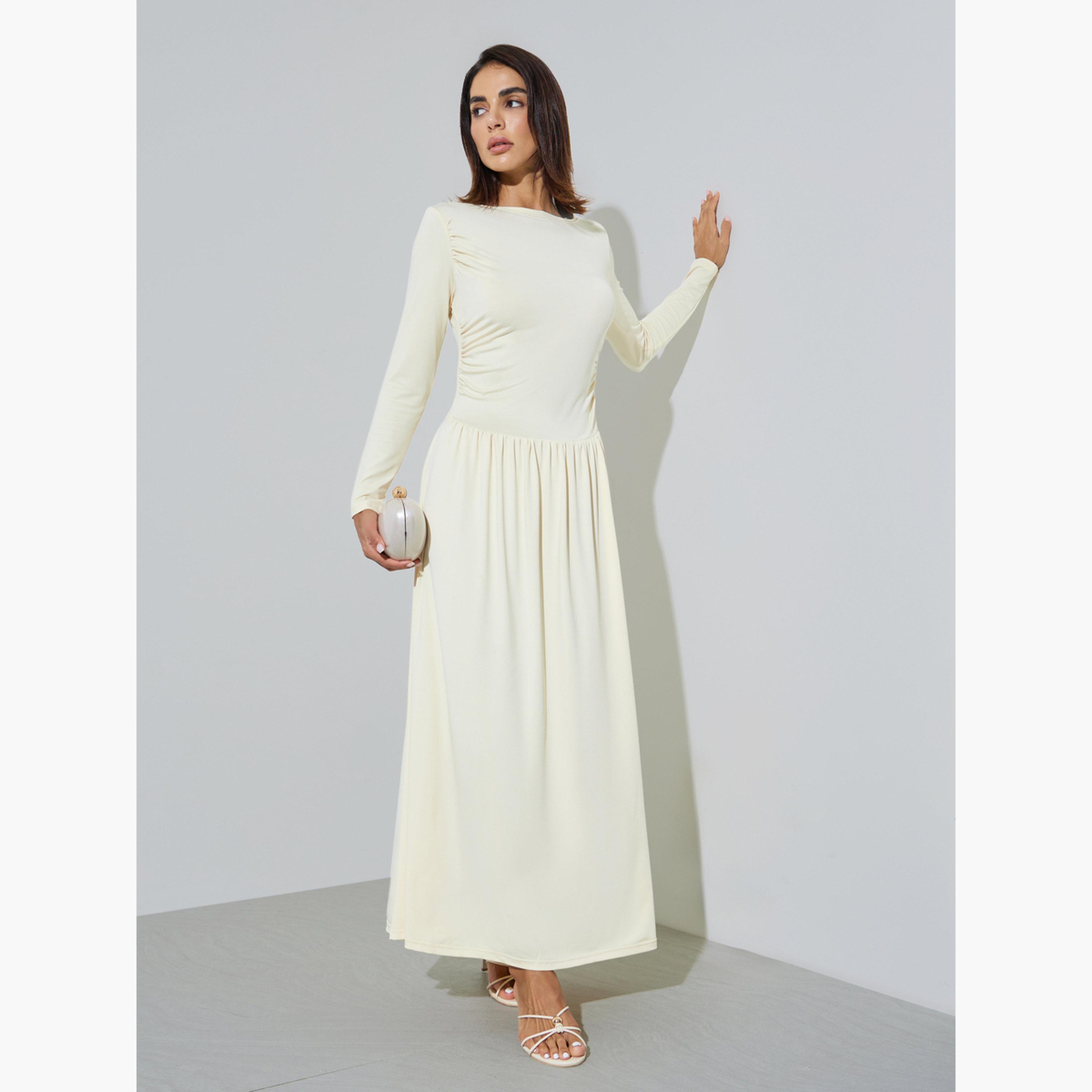 فستان طويل بحافة واسعة وتفاصيل مزمومة-women-clothing-dresses-image-3