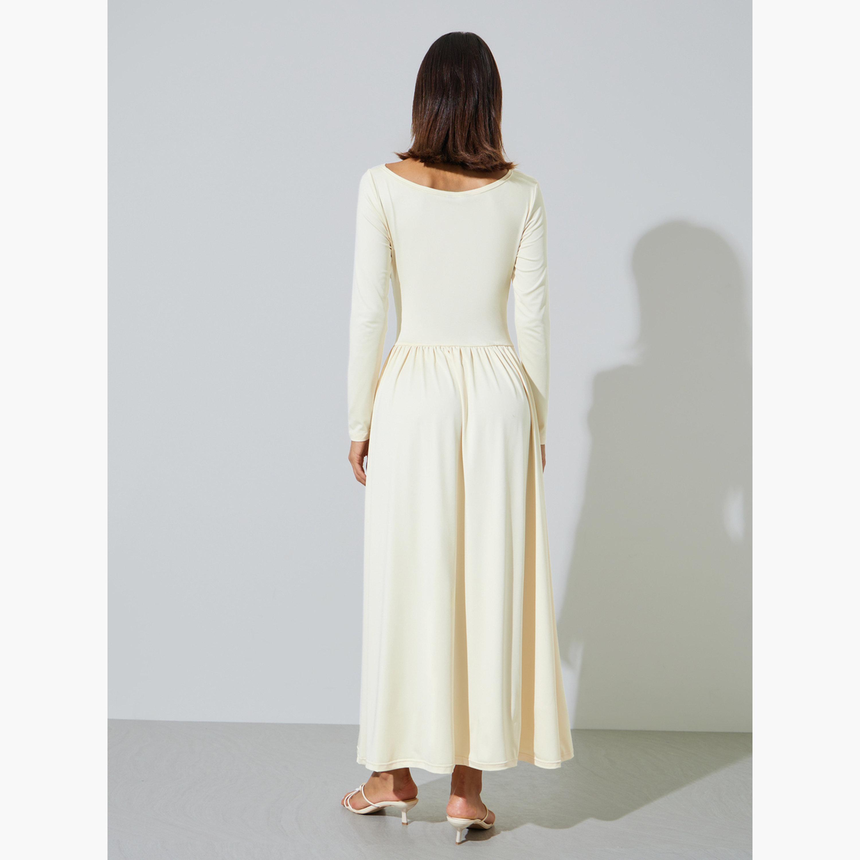 Styli Cream Side Gathered A-Line Maxi Dress-women-clothing-dresses-image-4