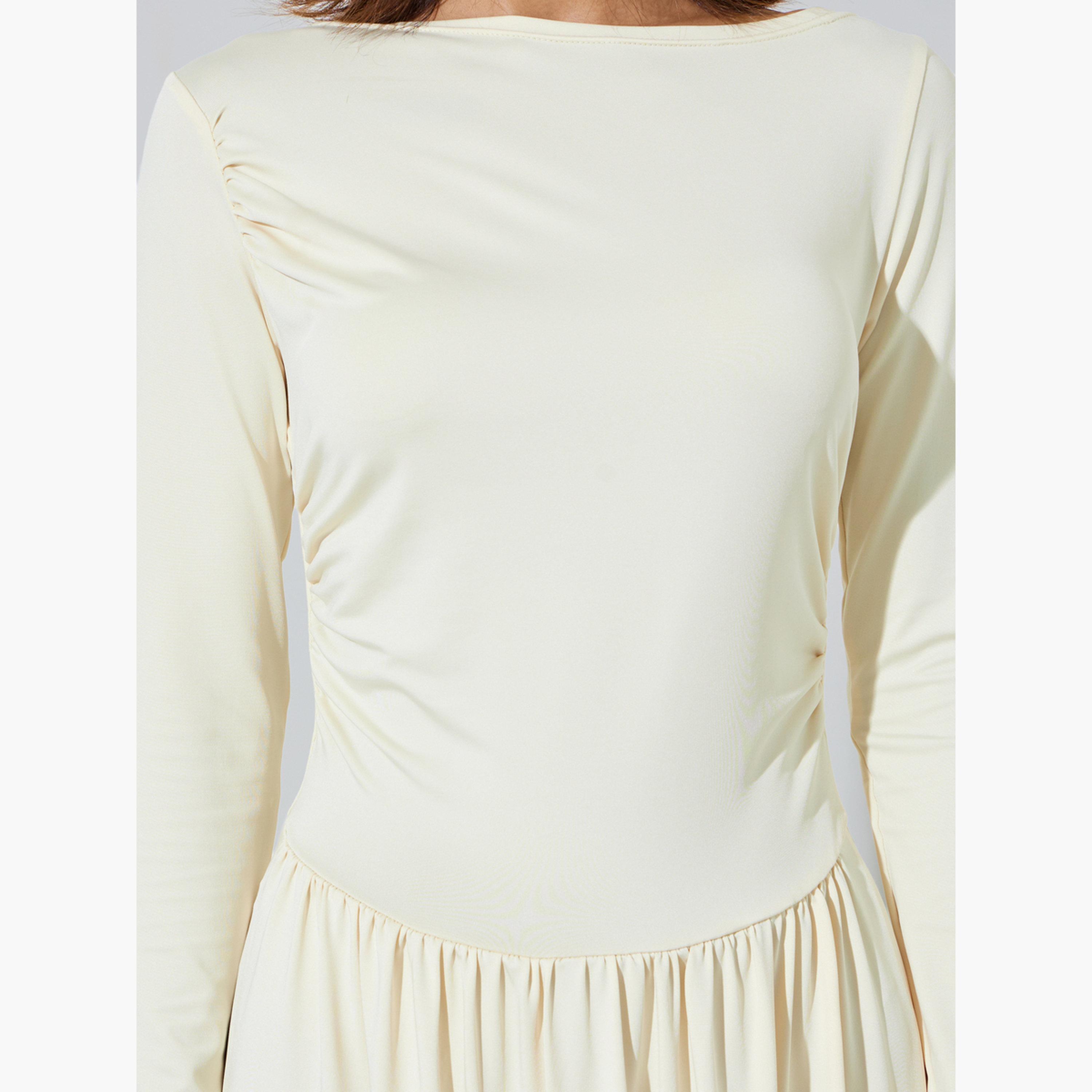 Styli Cream Side Gathered A-Line Maxi Dress-women-clothing-dresses-image-5
