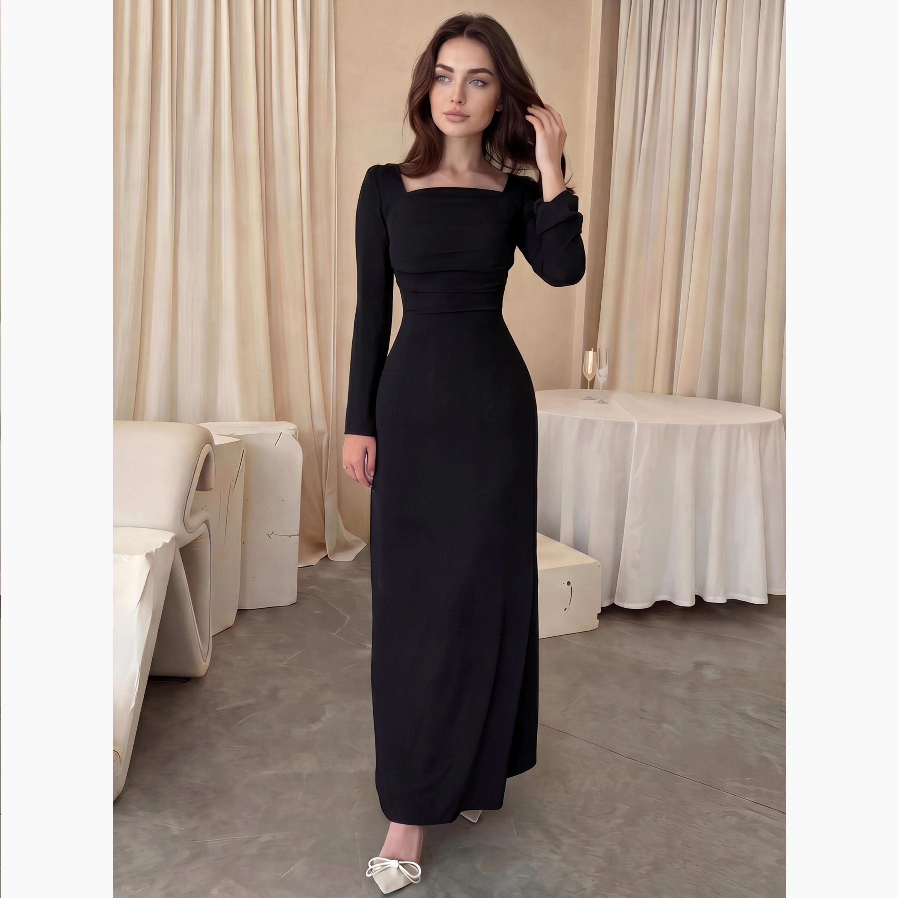 Styli Black Square Neck A-Line Maxi Dress-women-clothing-dresses-image-1