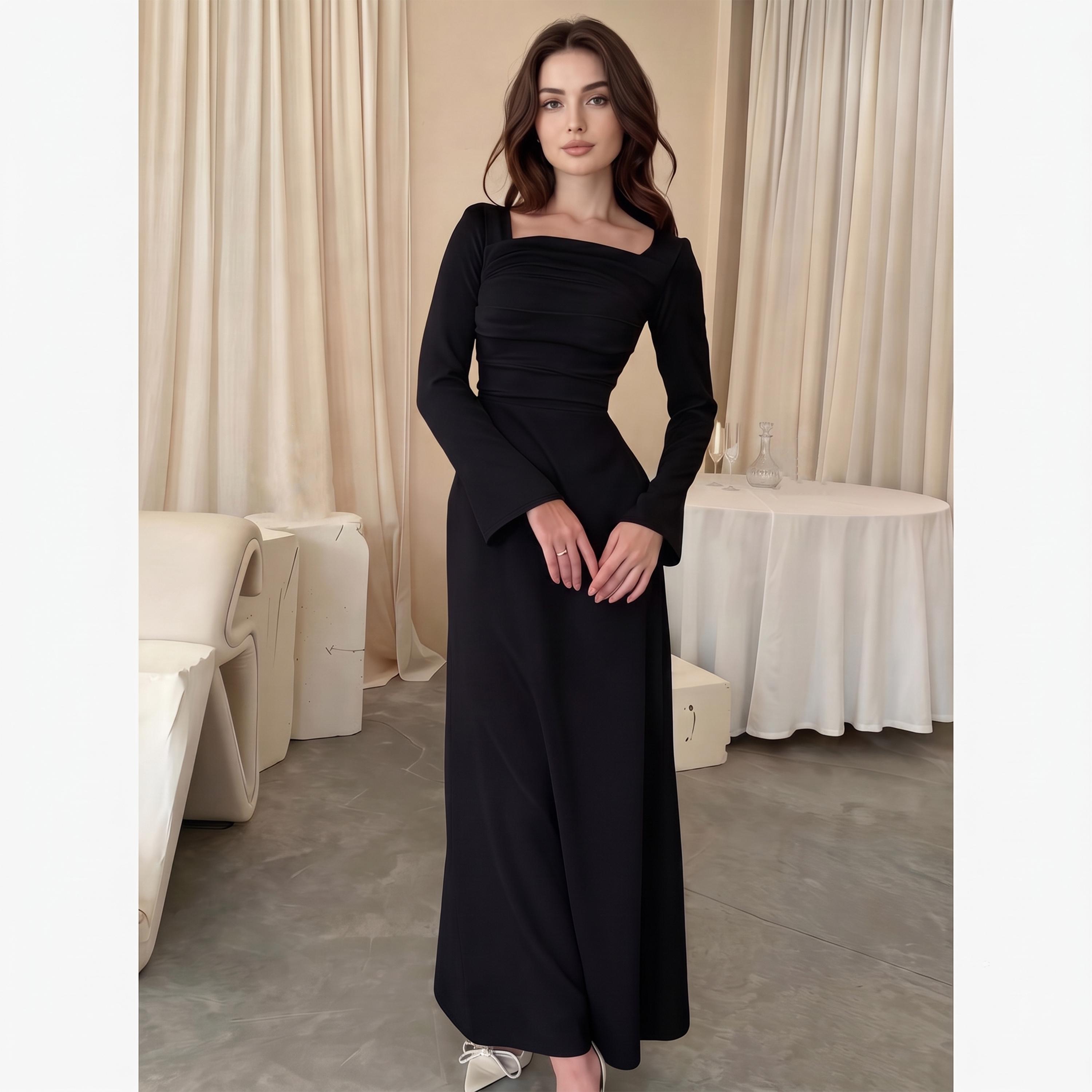 Styli Black Square Neck A-Line Maxi Dress-women-clothing-dresses-image-3