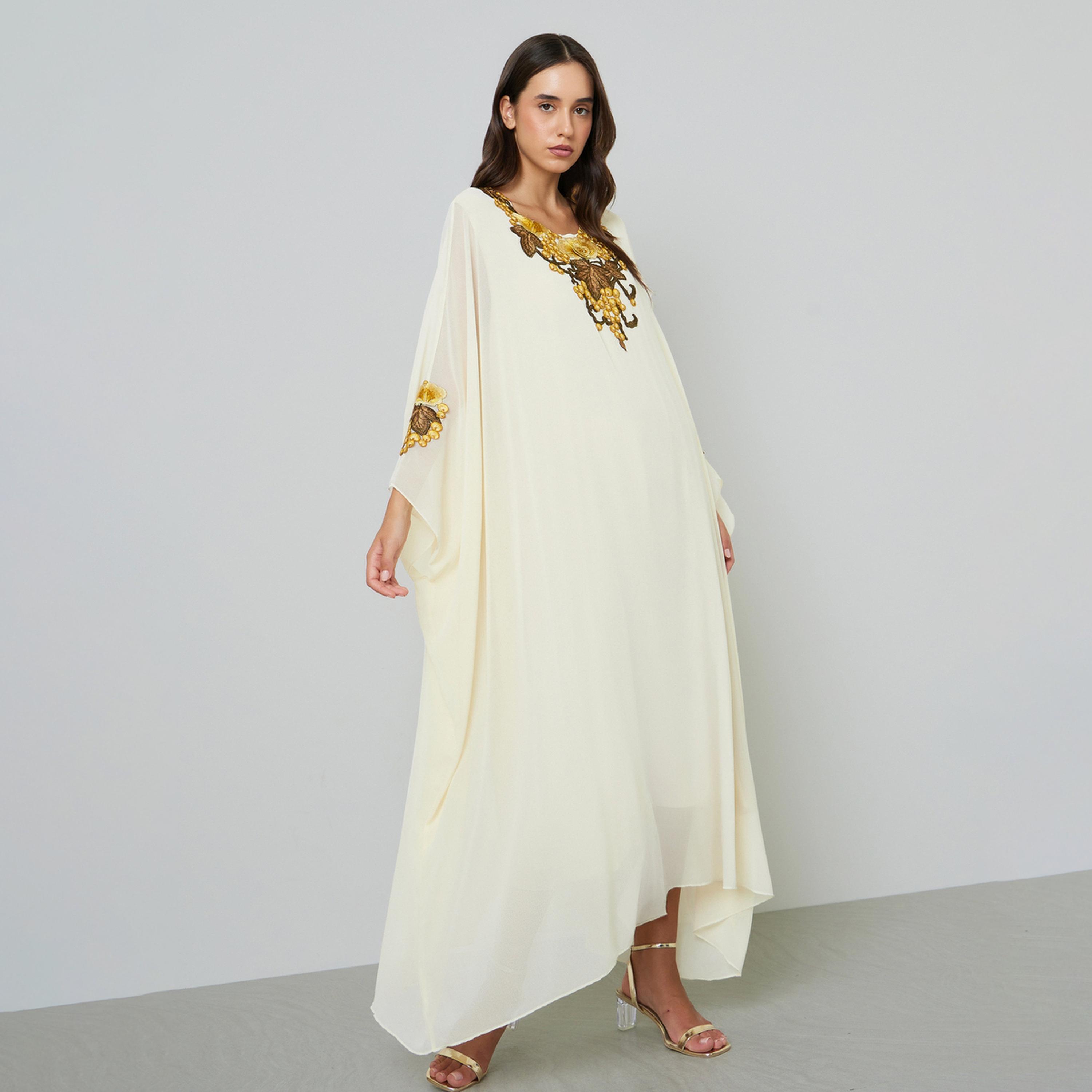 Take Two Beige Floral Embroidered Kaftan with Hijab-women-arabicclothing-sets-image-1