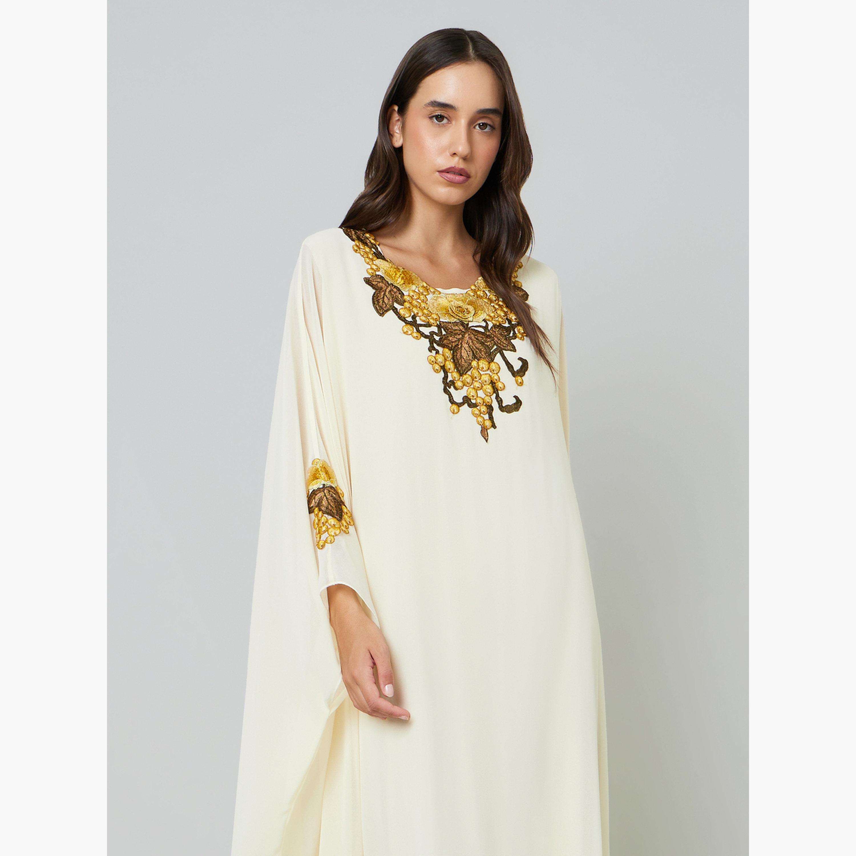 Take Two Beige Floral Embroidered Kaftan with Hijab-women-arabicclothing-sets-image-2