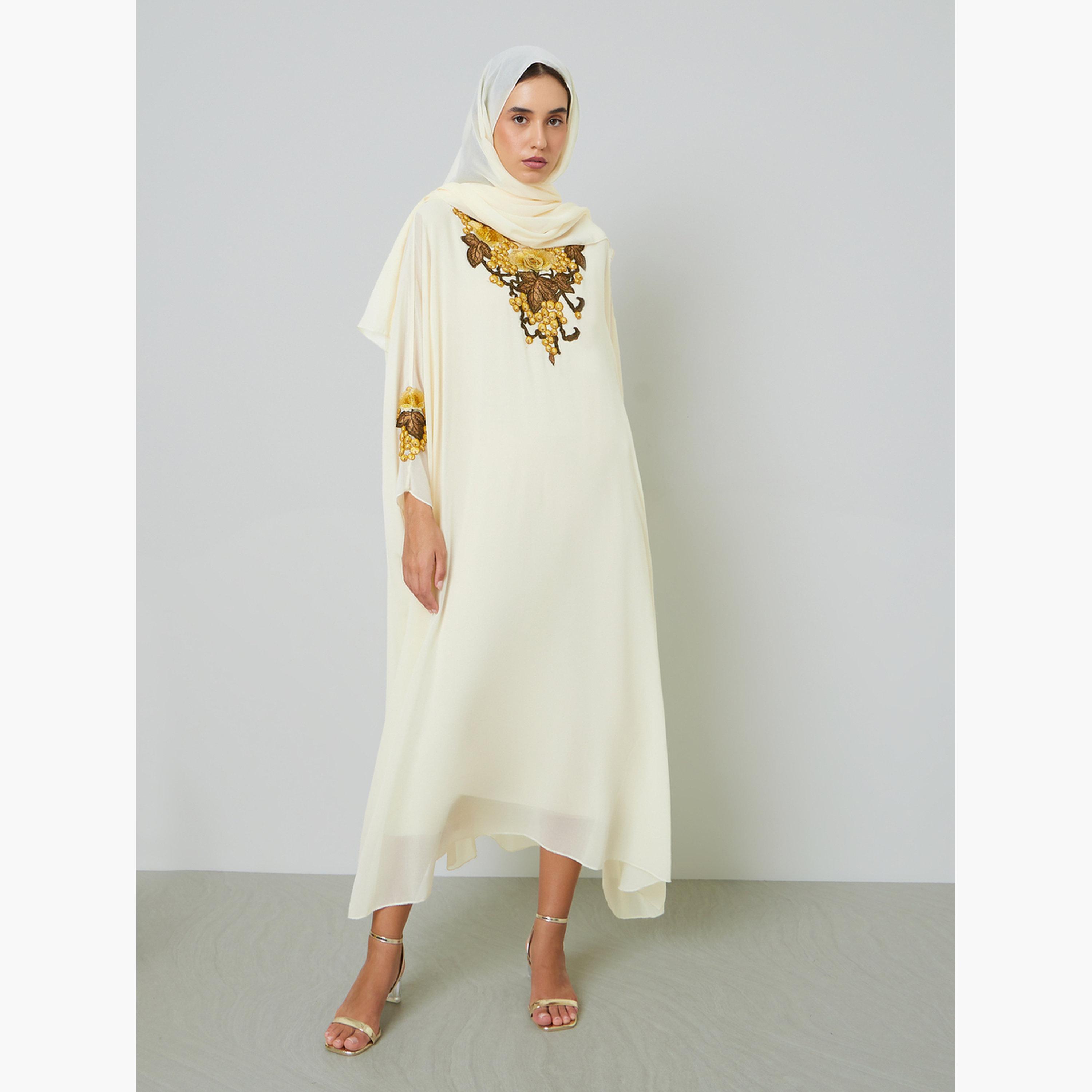 Take Two Beige Floral Embroidered Kaftan with Hijab-women-arabicclothing-sets-image-3
