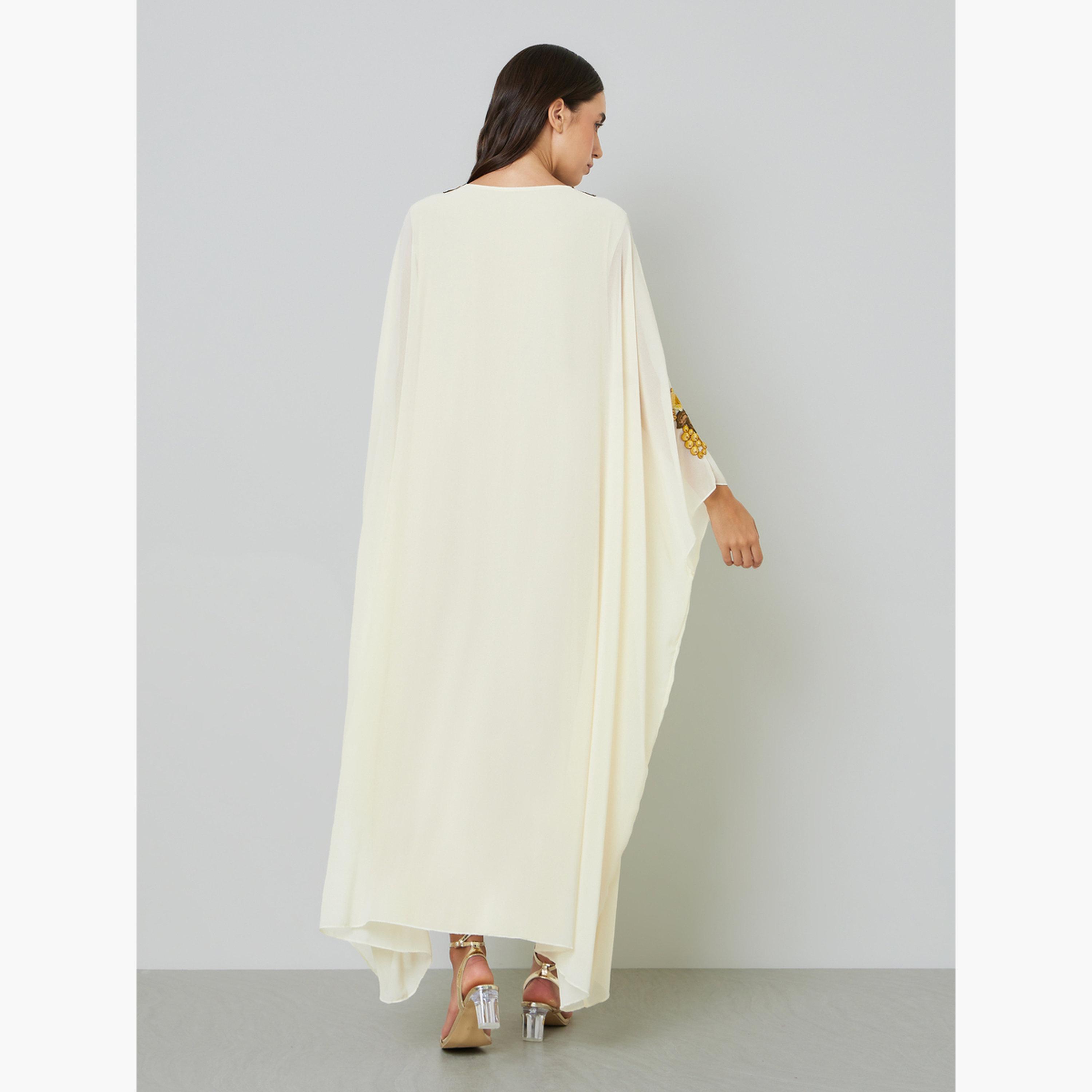 Take Two Beige Floral Embroidered Kaftan with Hijab-women-arabicclothing-sets-image-4