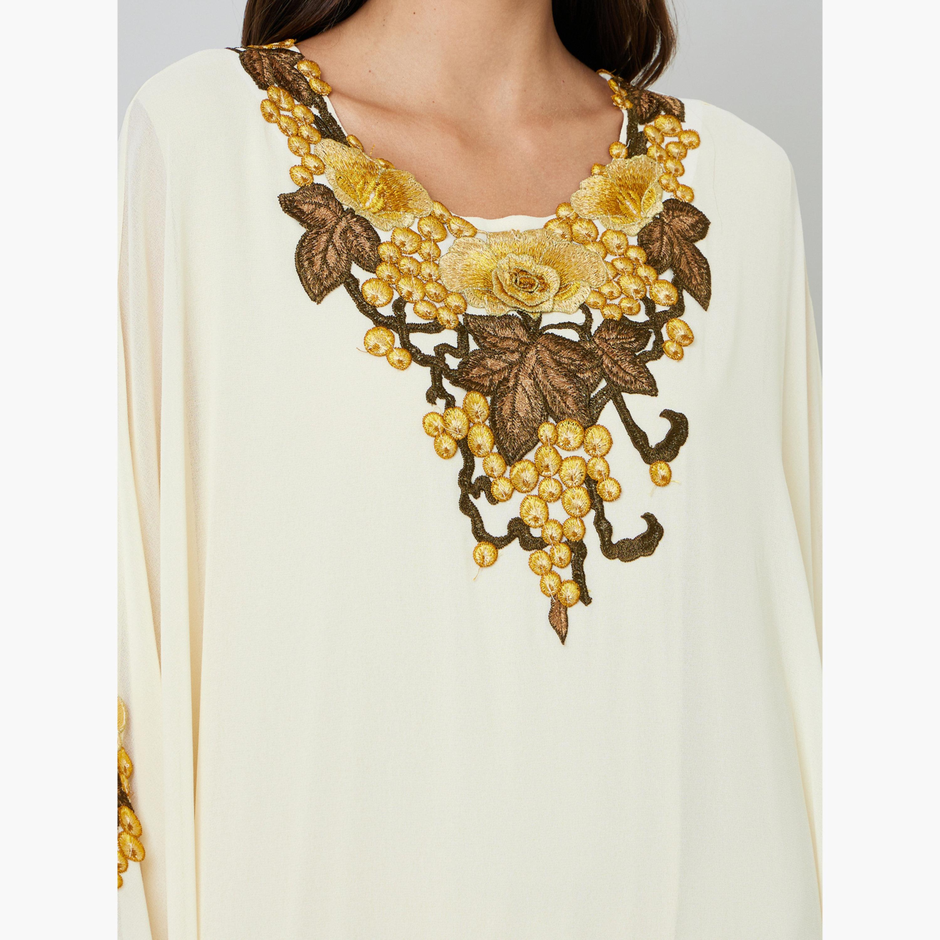 Take Two Beige Floral Embroidered Kaftan with Hijab-women-arabicclothing-sets-image-5