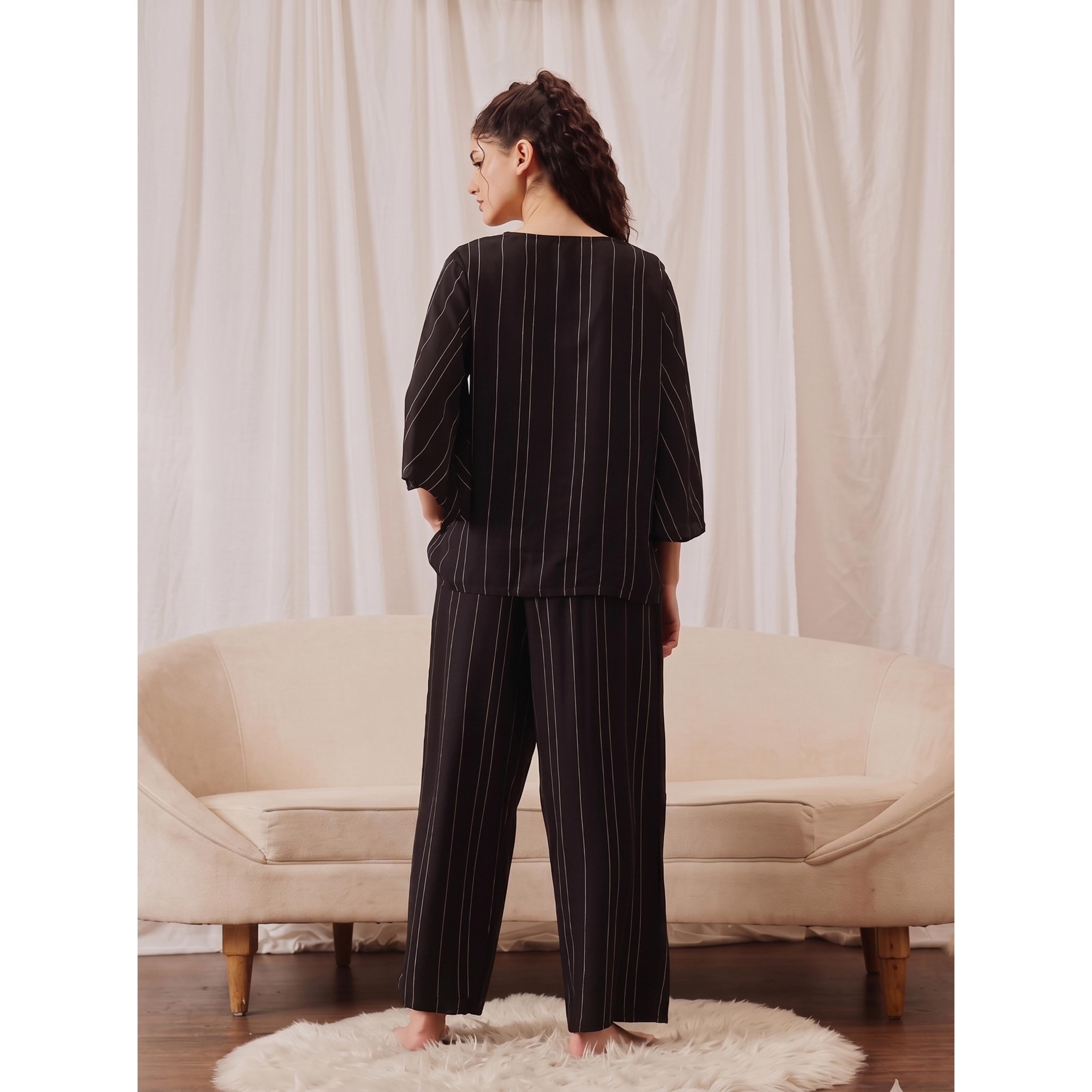 طقم بيجاما من بنطال وبلوزة مخطط باللون الأسود-women-clothing-nightwear-pyjamas-longsets-image-2
