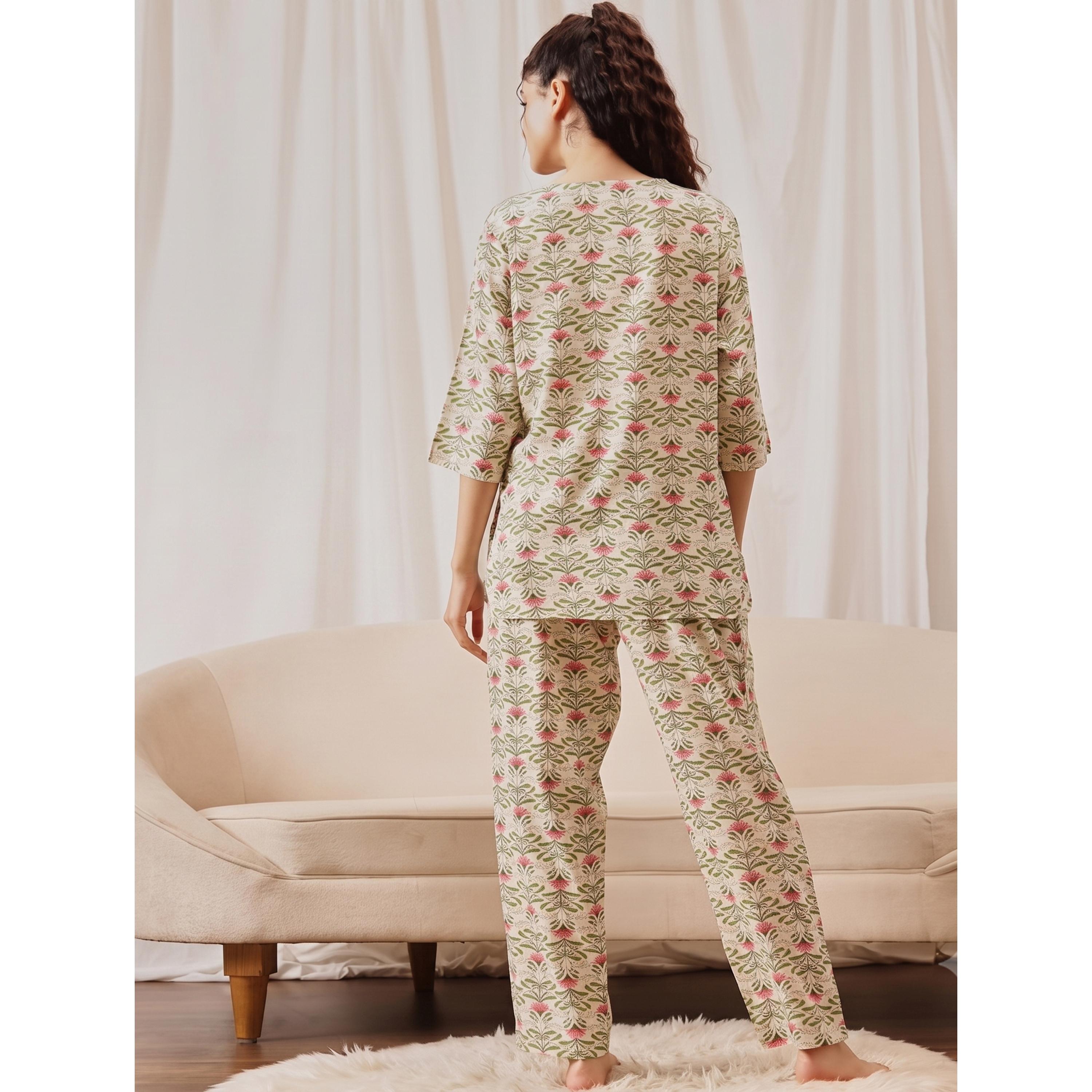 طقم بيجاما من بنطال مستقيم وبلوزة كورتا وطبعة زهور-women-clothing-nightwear-pyjamas-longsets-image-3