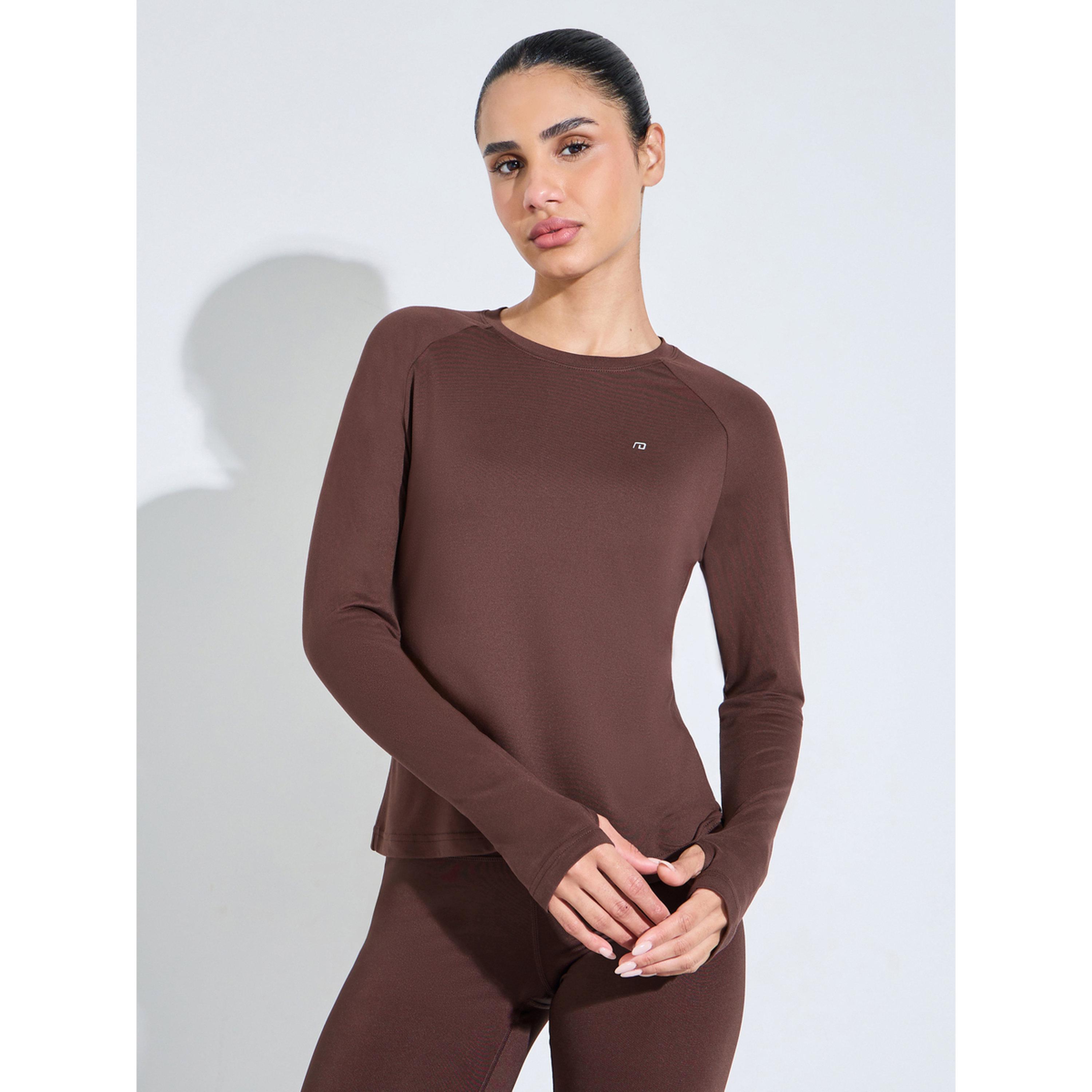 بلوزة رياضية بأكمام طويلة سادة باللون البني-sports-women-clothing-tshirtsandvests-image-1