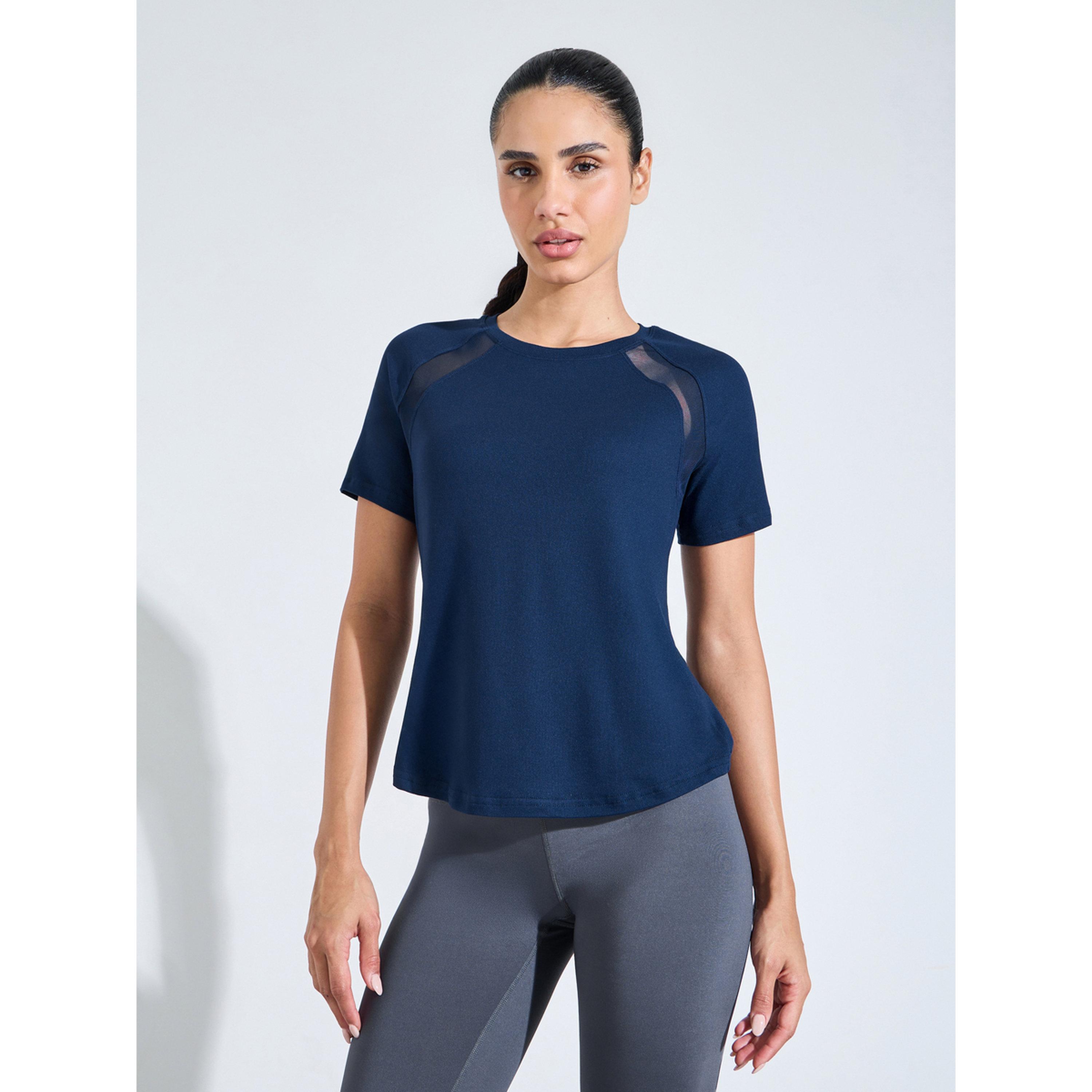 Styli Navy Blue Solid Activewear Top with Mesh Panels-sports-women-clothing-tshirtsandvests-image-1