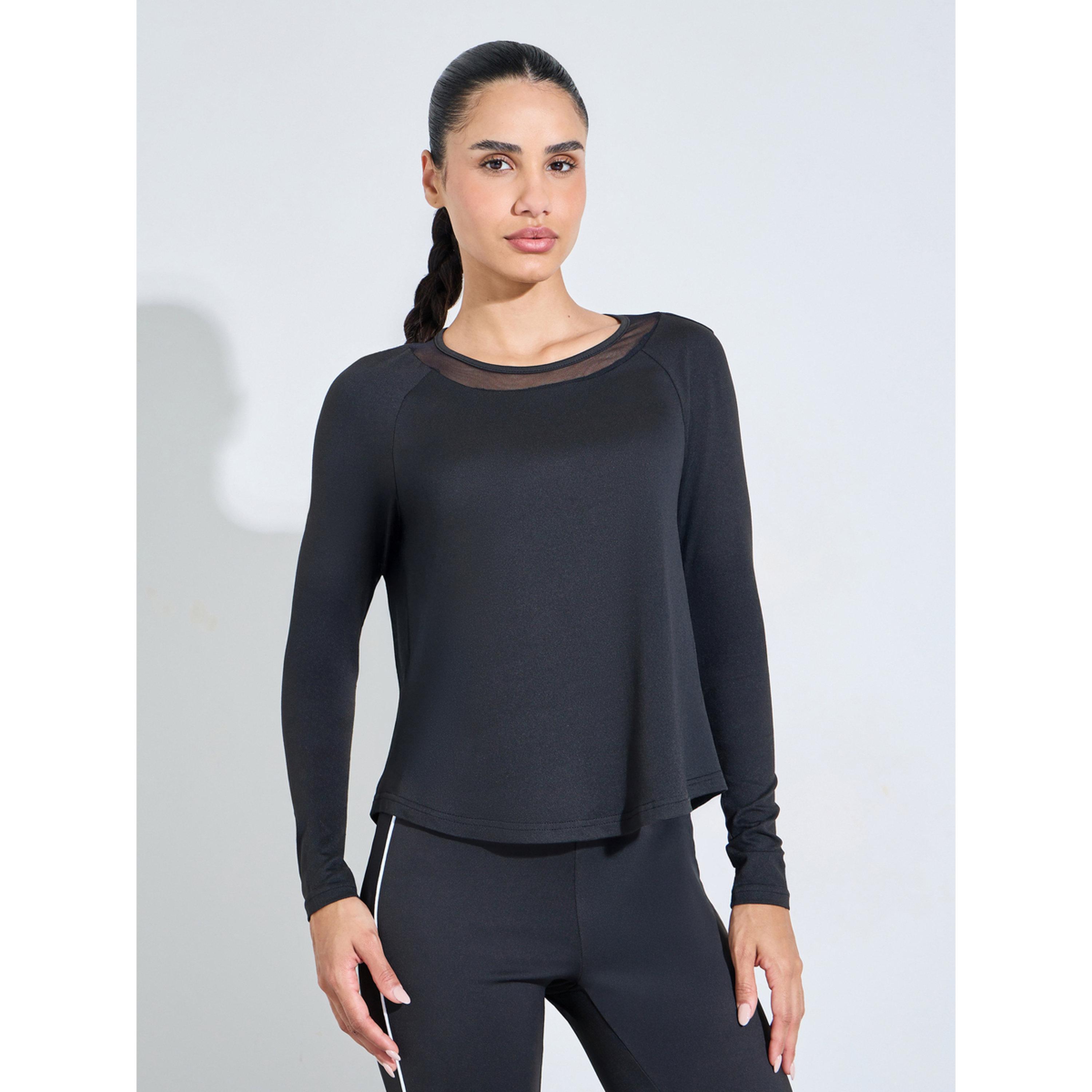 Styli Black Long Sleeve Active Top with Mesh Neck Detail-sports-women-clothing-tshirtsandvests-image-1