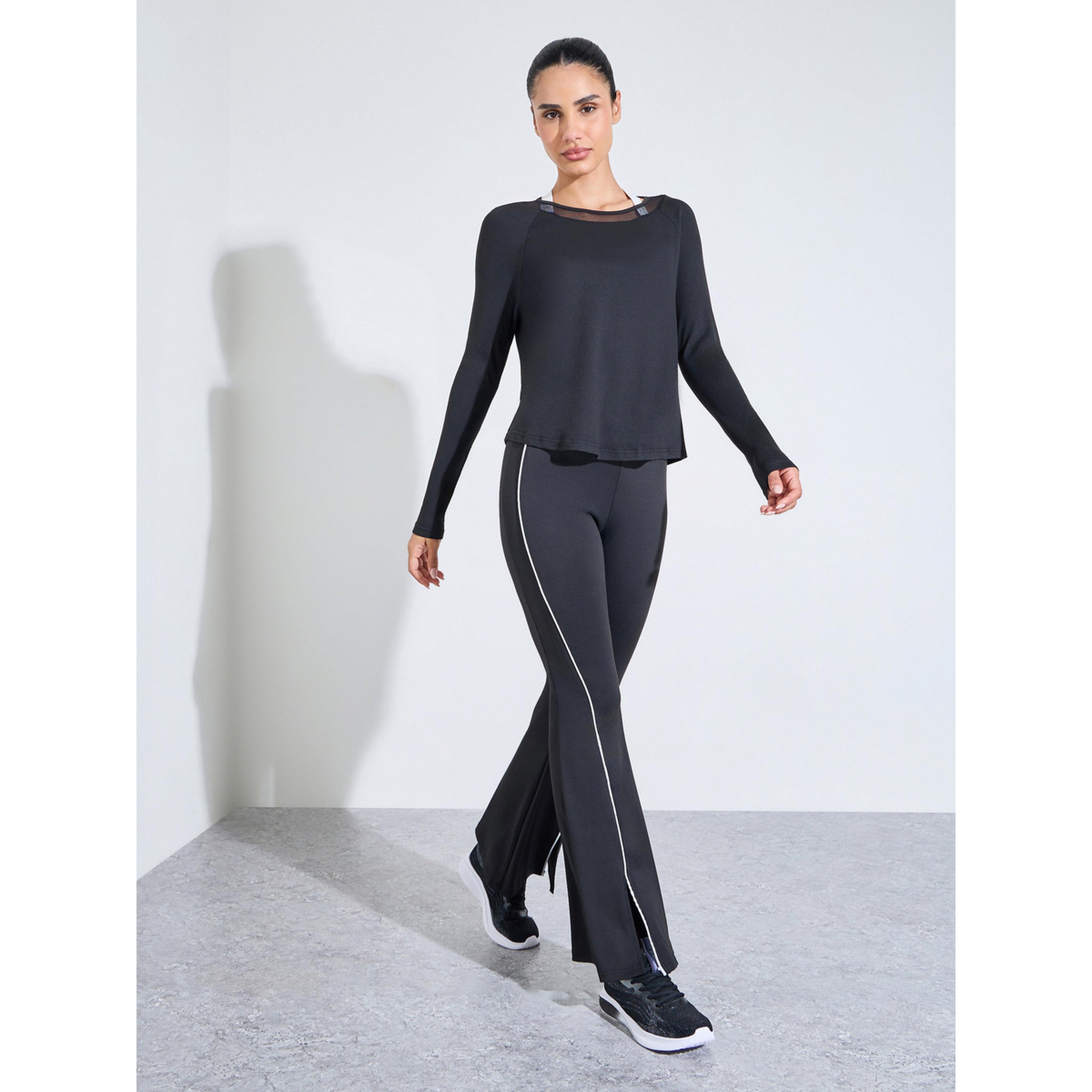 Styli Black Long Sleeve Active Top with Mesh Neck Detail-sports-women-clothing-tshirtsandvests-image-2
