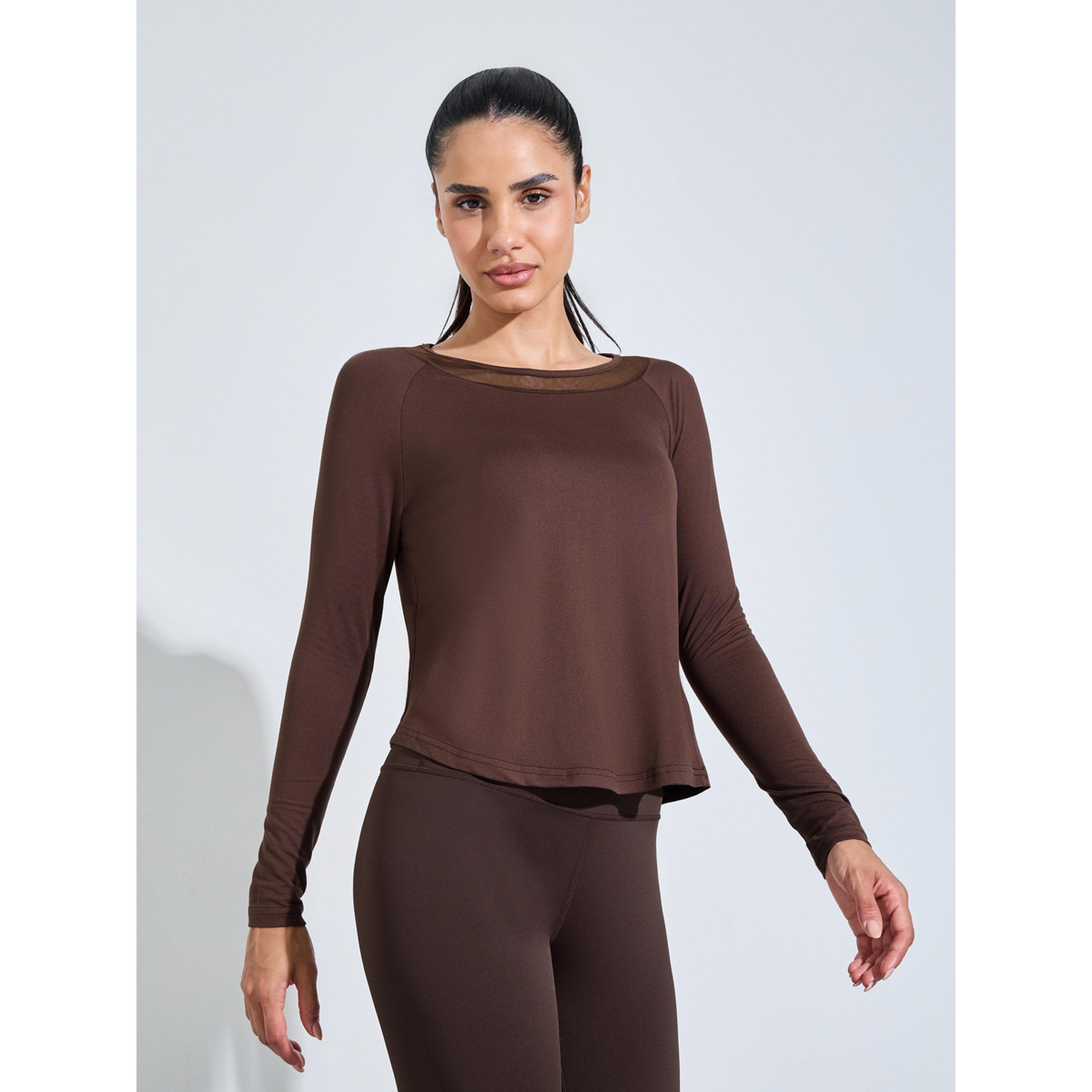 Styli Brown Long Sleeve Active Top with Mesh Neck Detail-sports-women-clothing-tshirtsandvests-image-1