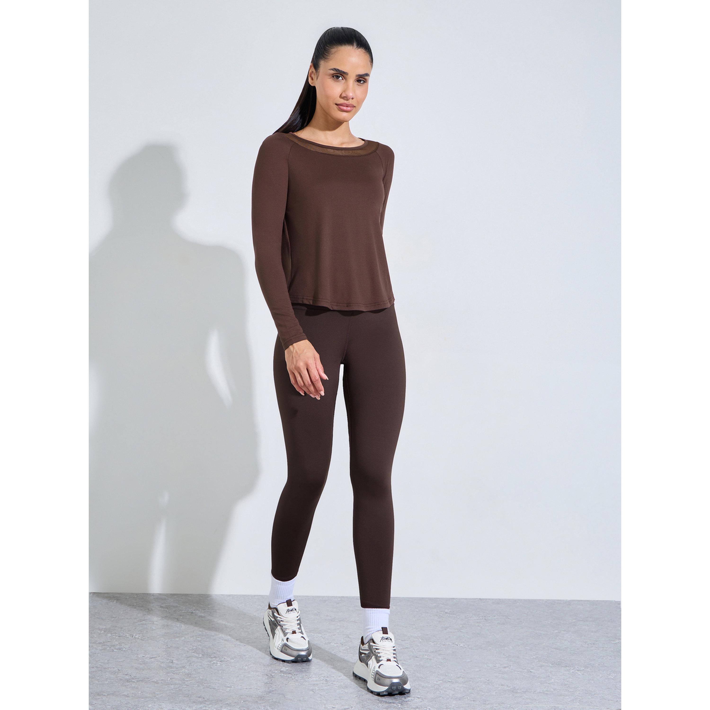Styli Brown Long Sleeve Active Top with Mesh Neck Detail-sports-women-clothing-tshirtsandvests-image-2