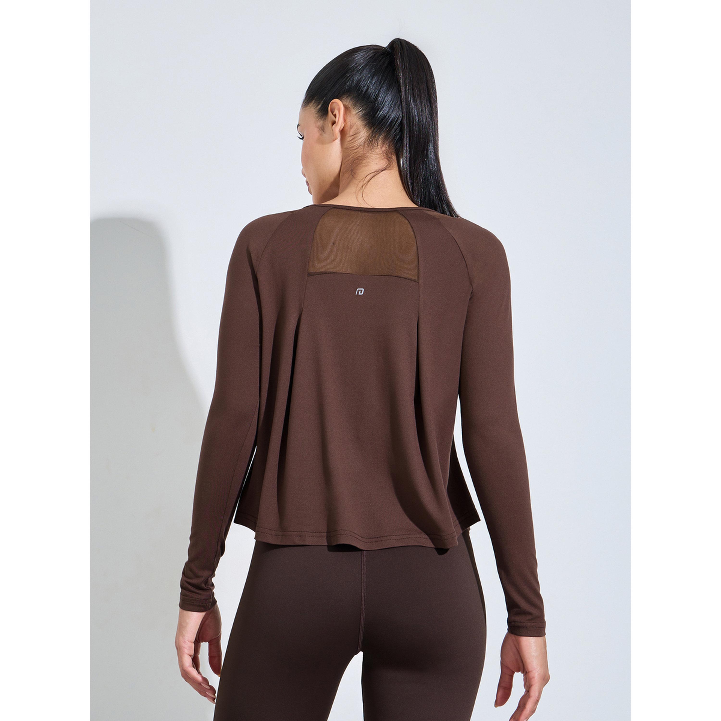 Styli Brown Long Sleeve Active Top with Mesh Neck Detail-sports-women-clothing-tshirtsandvests-image-3