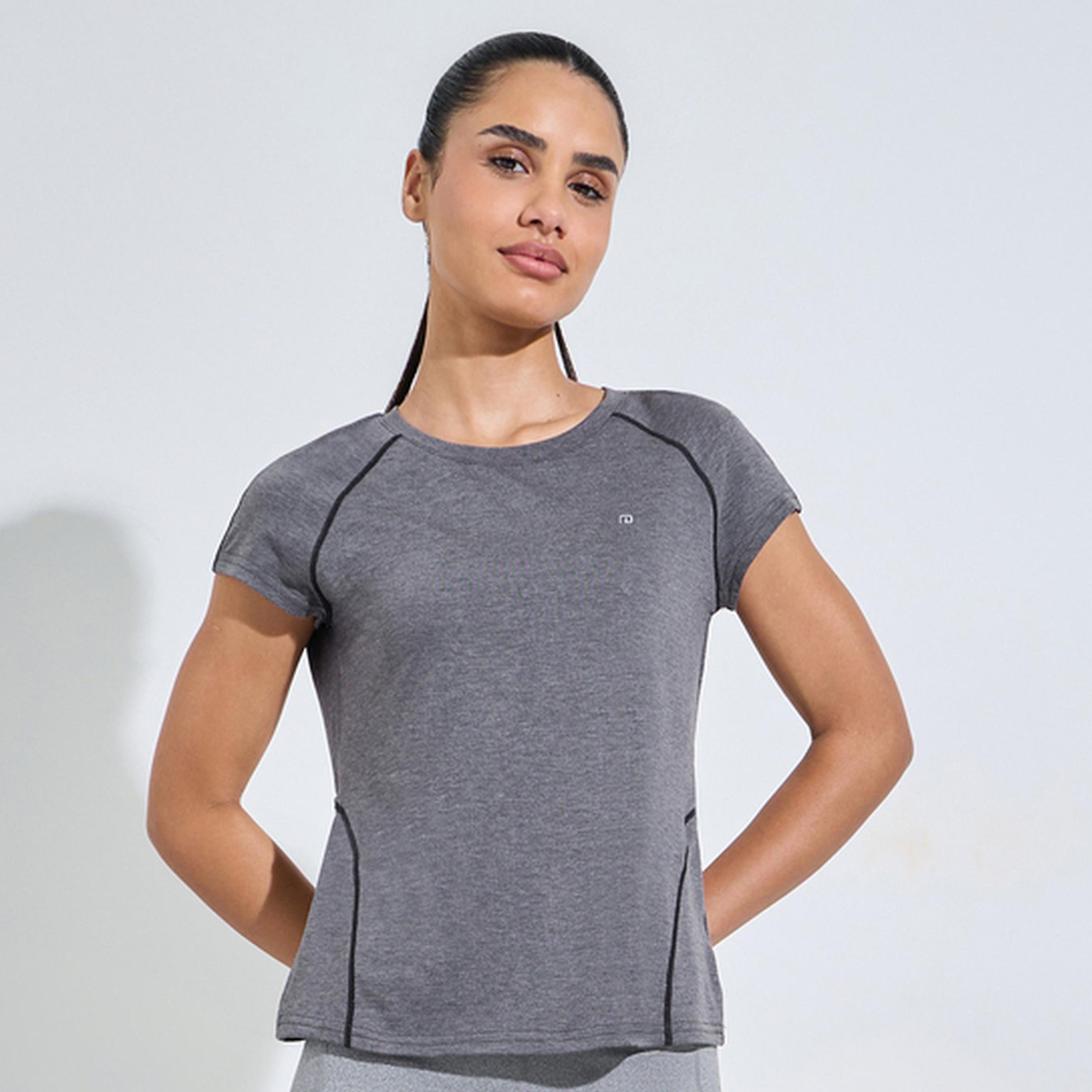 Styli Charcoal Solid Cut Out Back Activewear T-Shirt-sports-women-clothing-tshirtsandvests-image-1