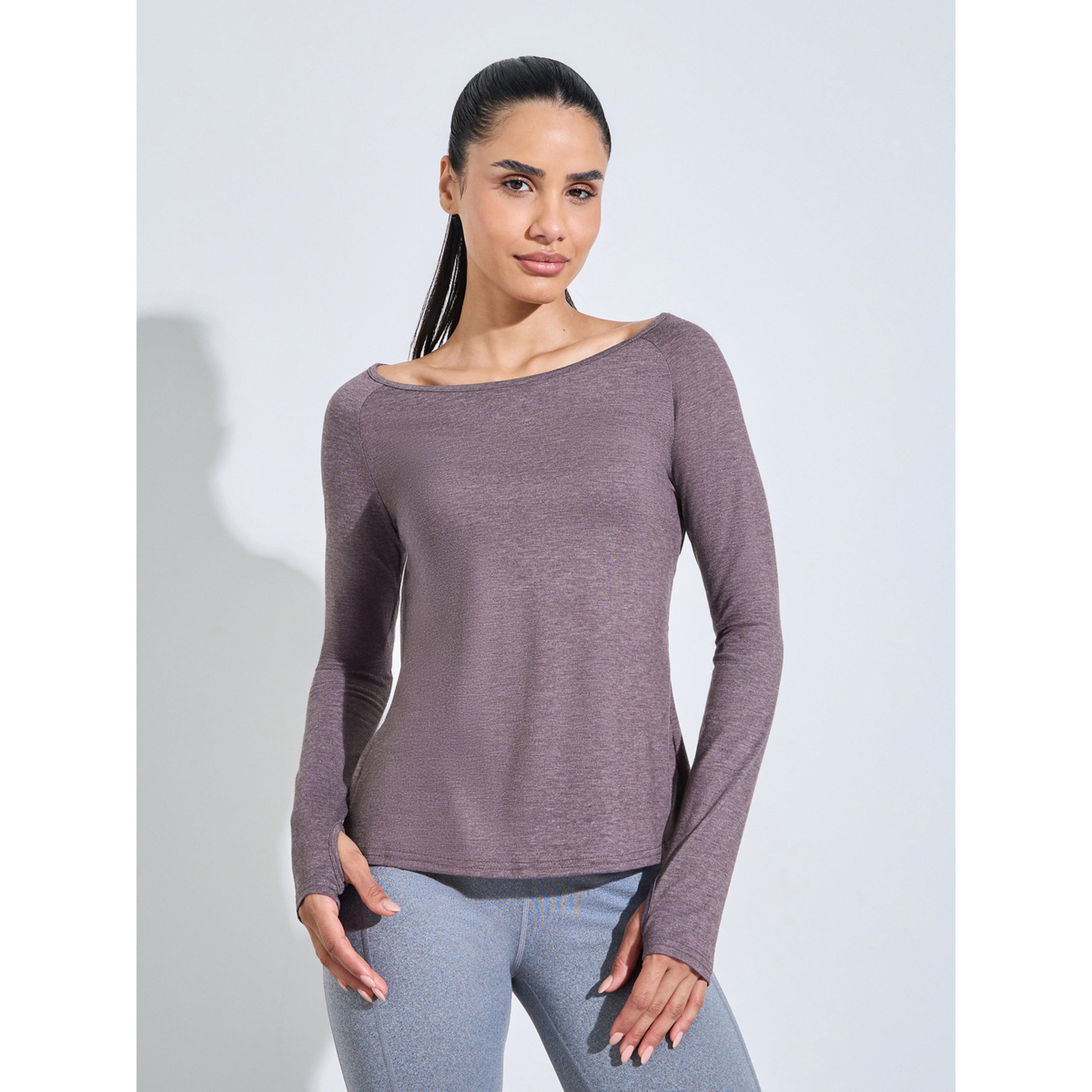 Styli Purple Solid Asymmetric Hem Long Sleeves Activewear Top with Thumbholes-sports-women-clothing-tshirtsandvests-image-1