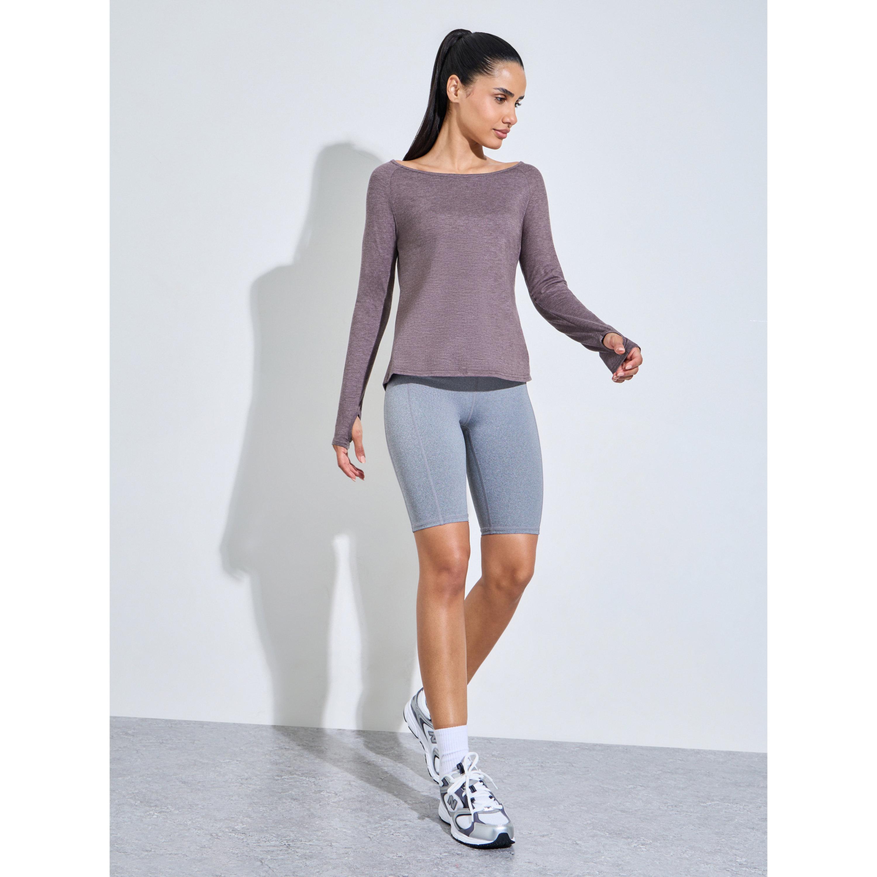 Styli Purple Solid Asymmetric Hem Long Sleeves Activewear Top with Thumbholes-sports-women-clothing-tshirtsandvests-image-2