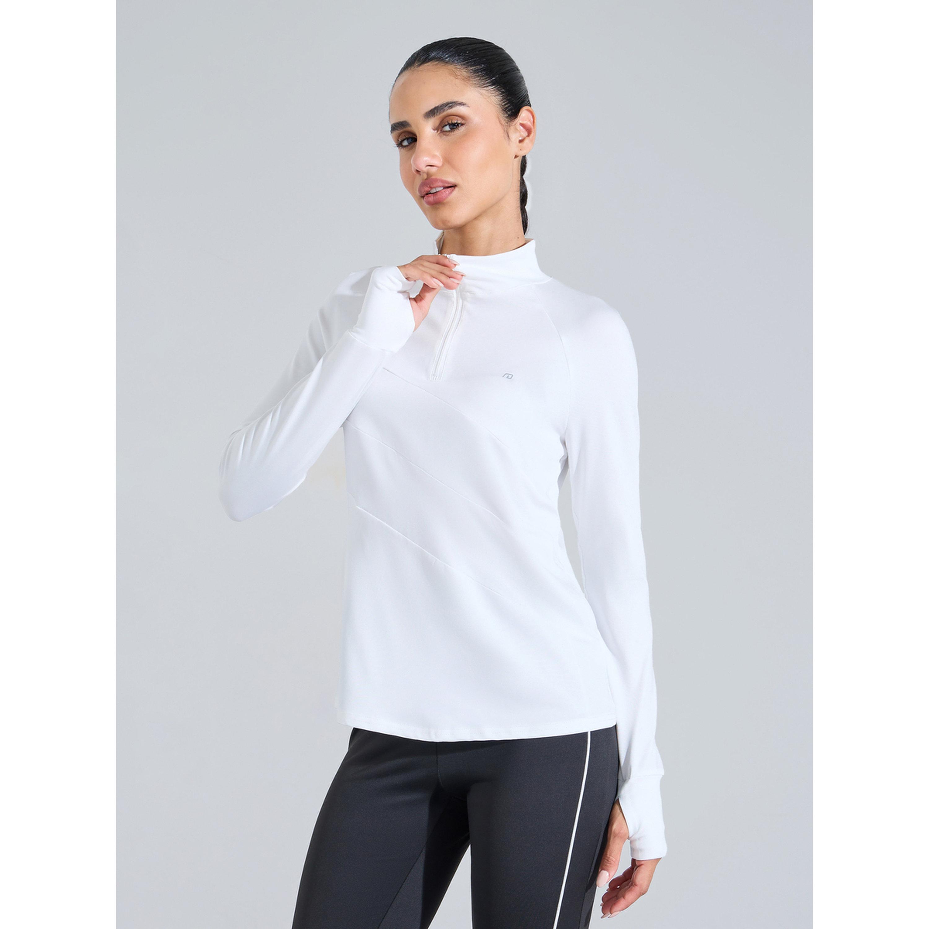 Styli White Solid High Neck Half-Zip Activewear Top with Thumbholes-sports-women-clothing-tshirtsandvests-image-1