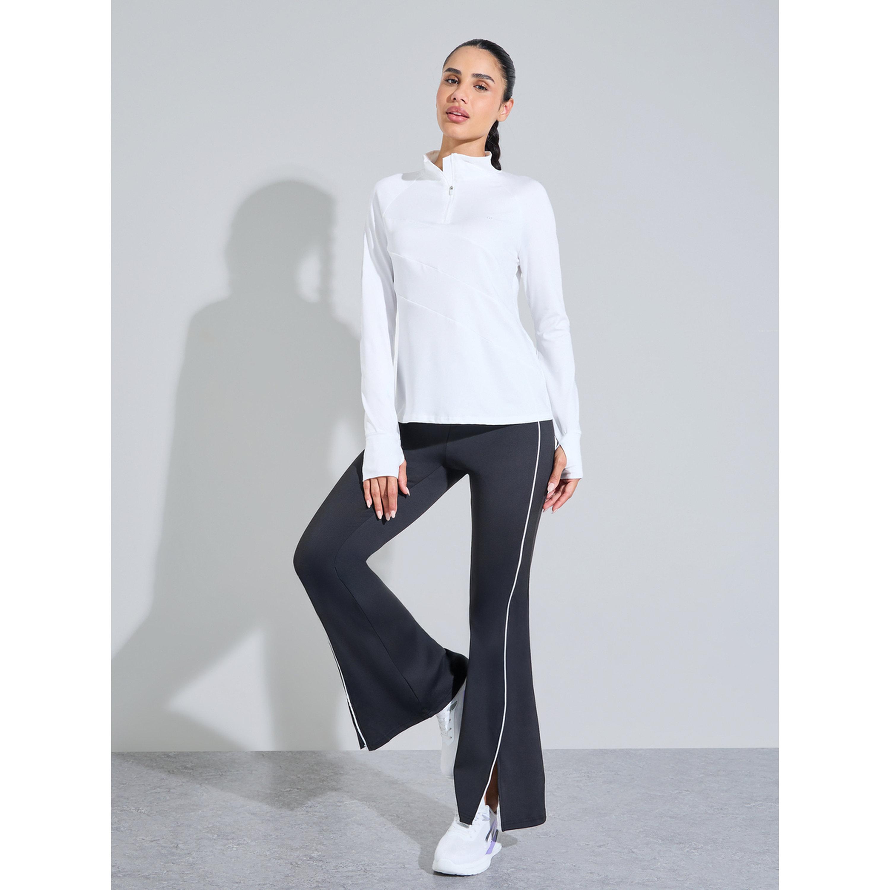 Styli White Solid High Neck Half-Zip Activewear Top with Thumbholes-sports-women-clothing-tshirtsandvests-image-2