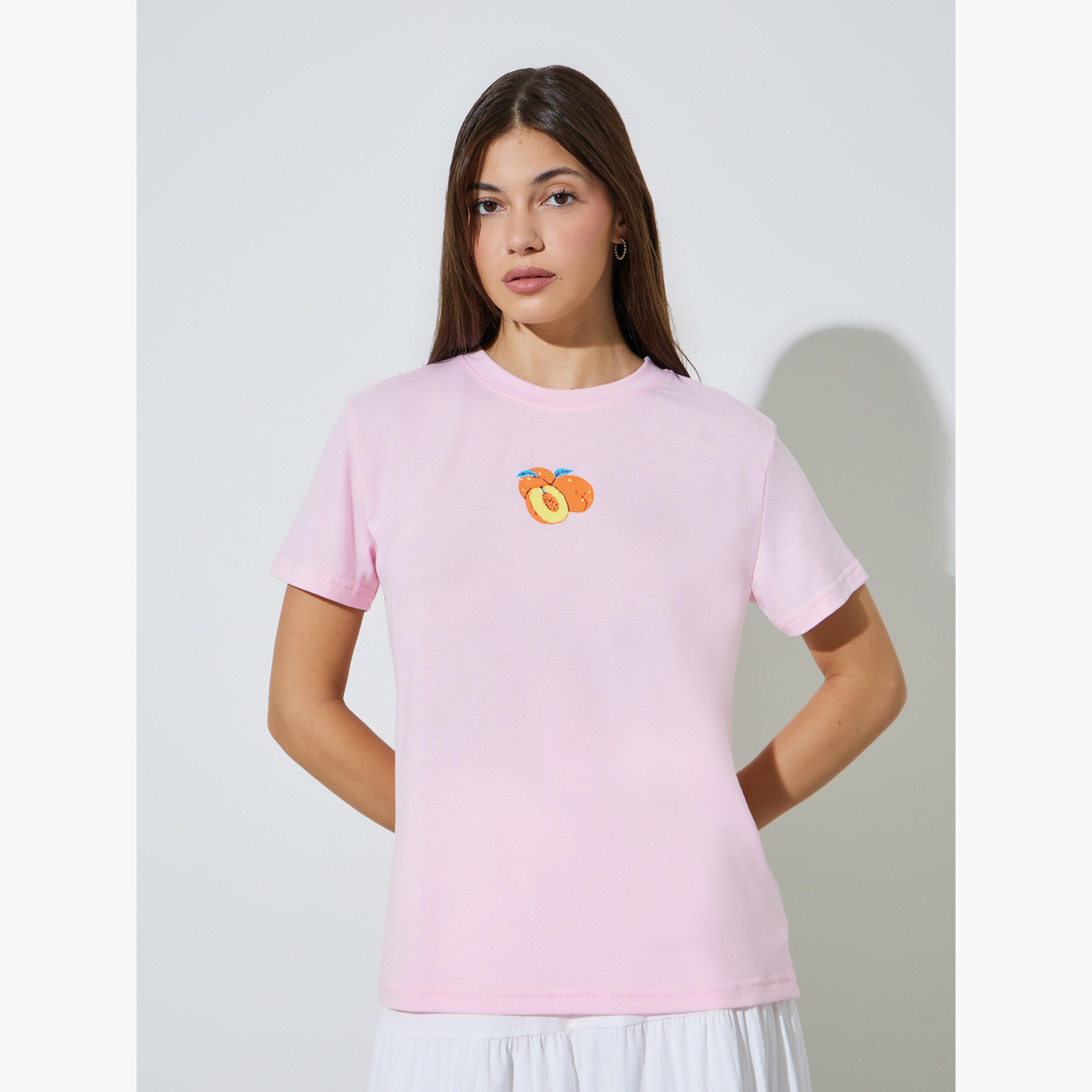 ستايلي - تيشيرت وردي برسومات فاكهة، بقصة عادية-women-clothing-tshirts-image-1