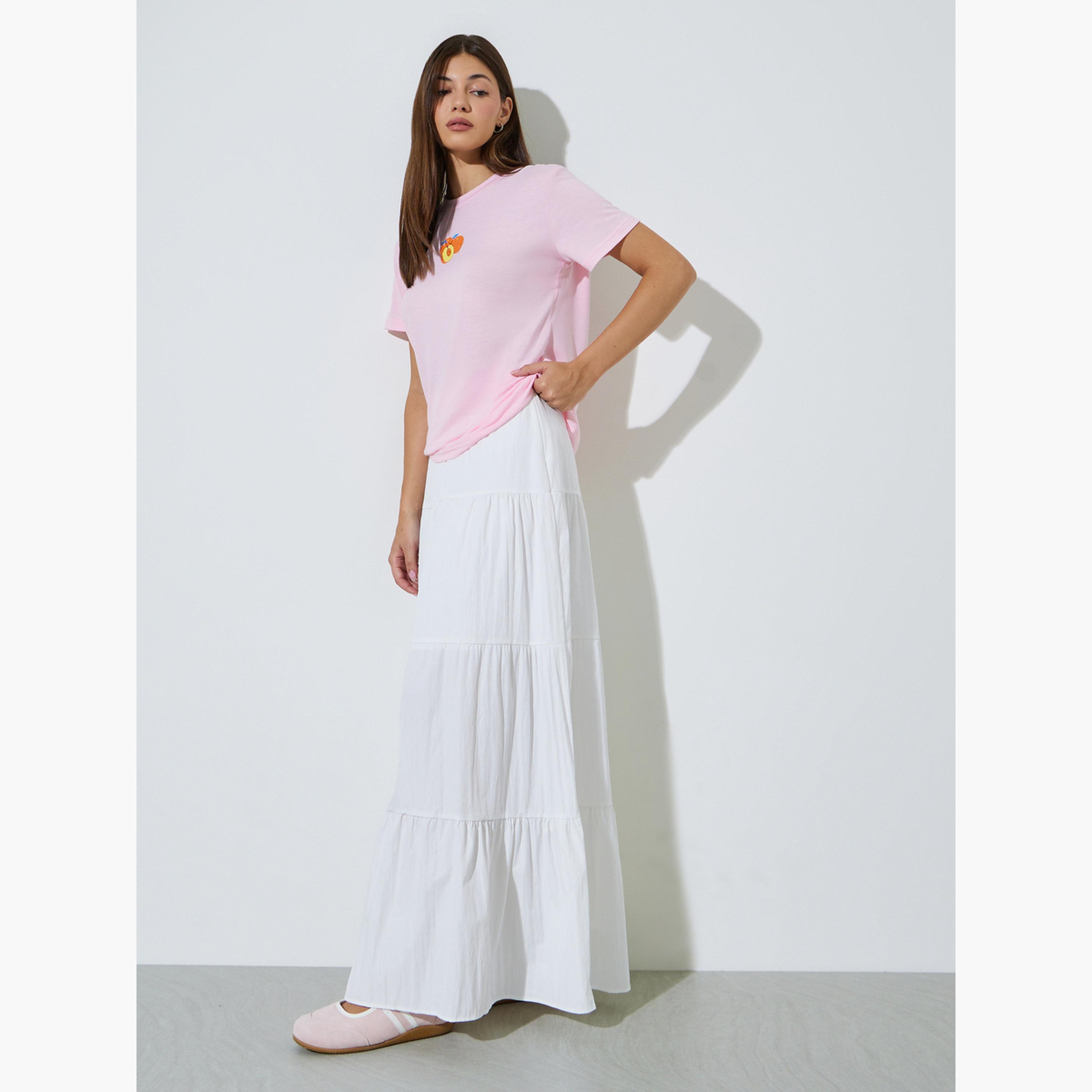 ستايلي - تيشيرت وردي برسومات فاكهة، بقصة عادية-women-clothing-tshirts-image-2