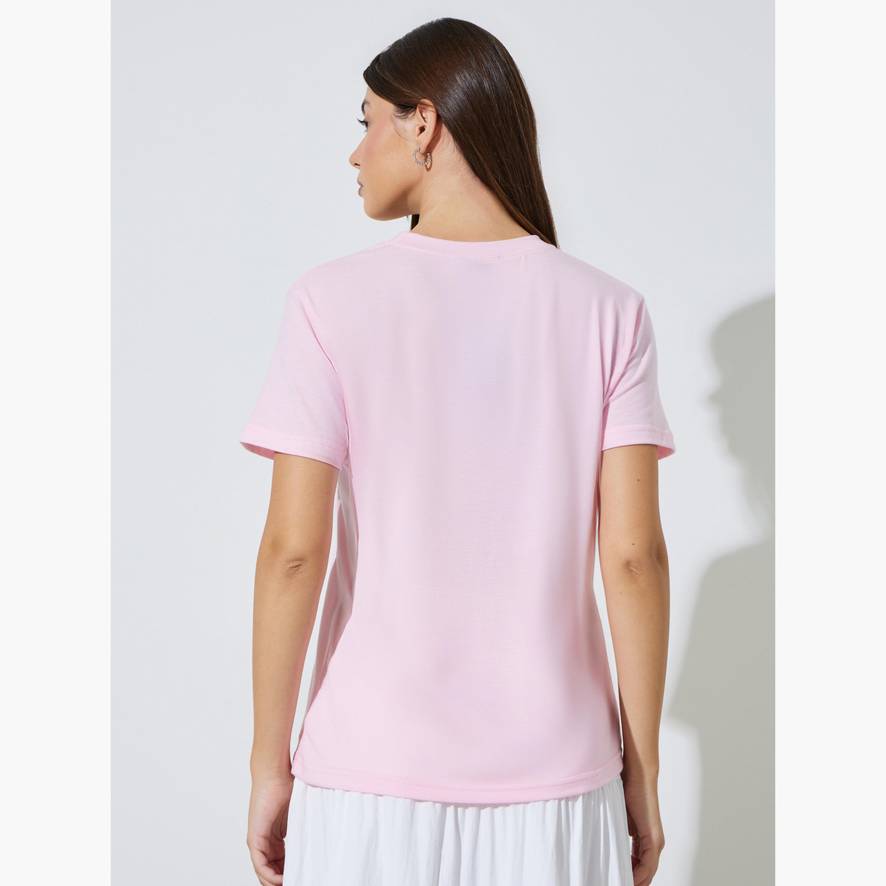 ستايلي - تيشيرت وردي برسومات فاكهة، بقصة عادية-women-clothing-tshirts-image-4