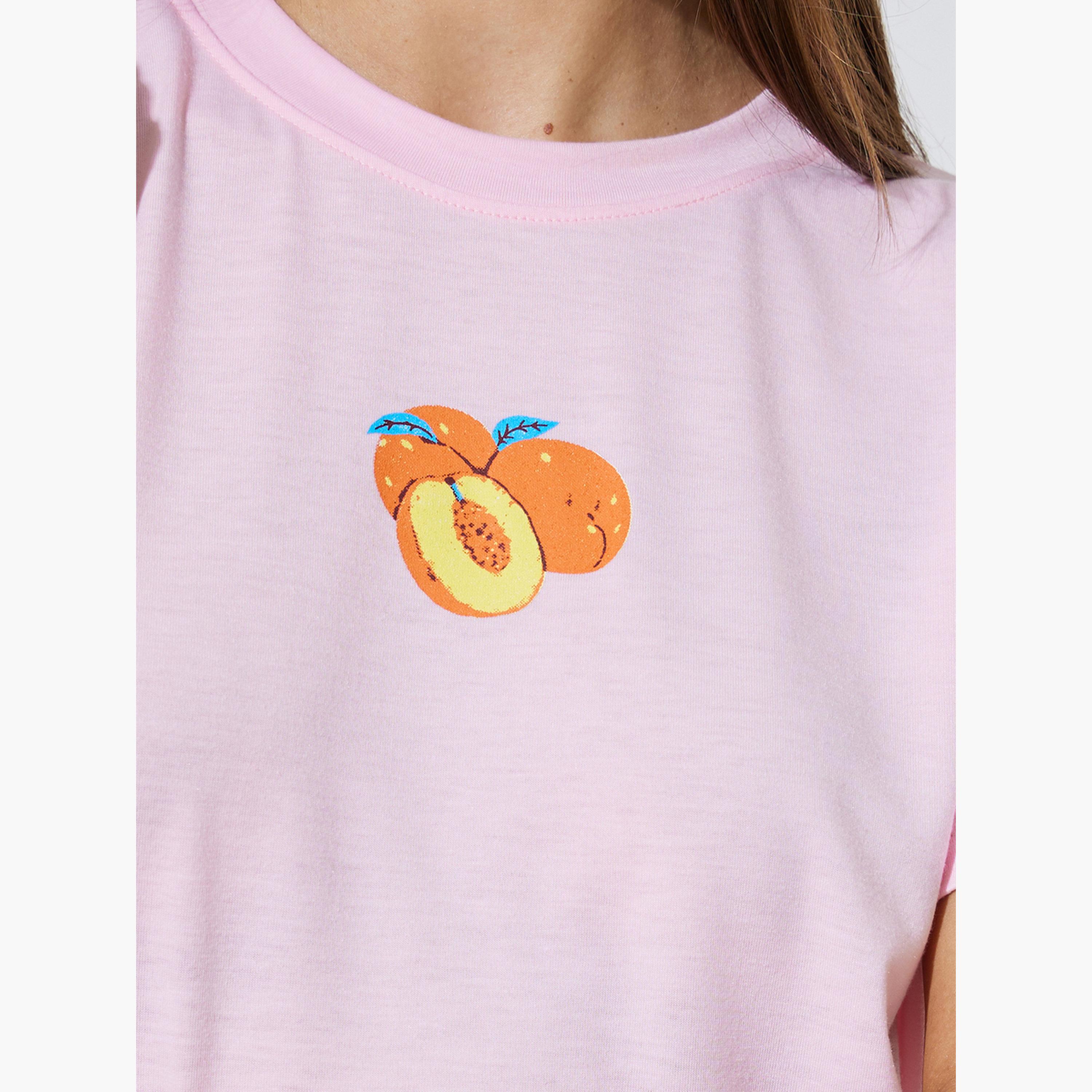 ستايلي - تيشيرت وردي برسومات فاكهة، بقصة عادية-women-clothing-tshirts-image-5