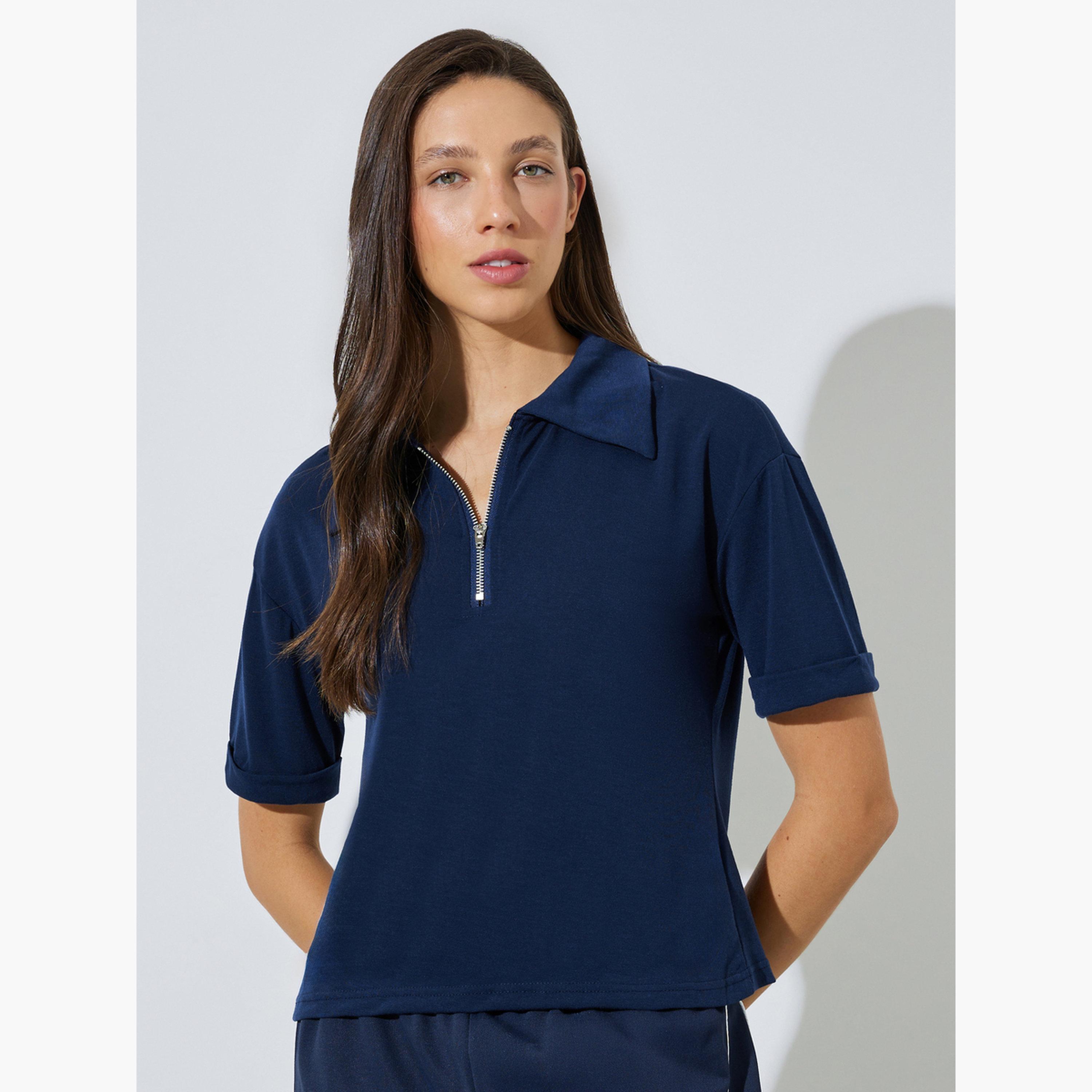 Styli Dark Blue Solid Polo T-Shirt with Quarter-Zip-women-clothing-tshirts-image-1