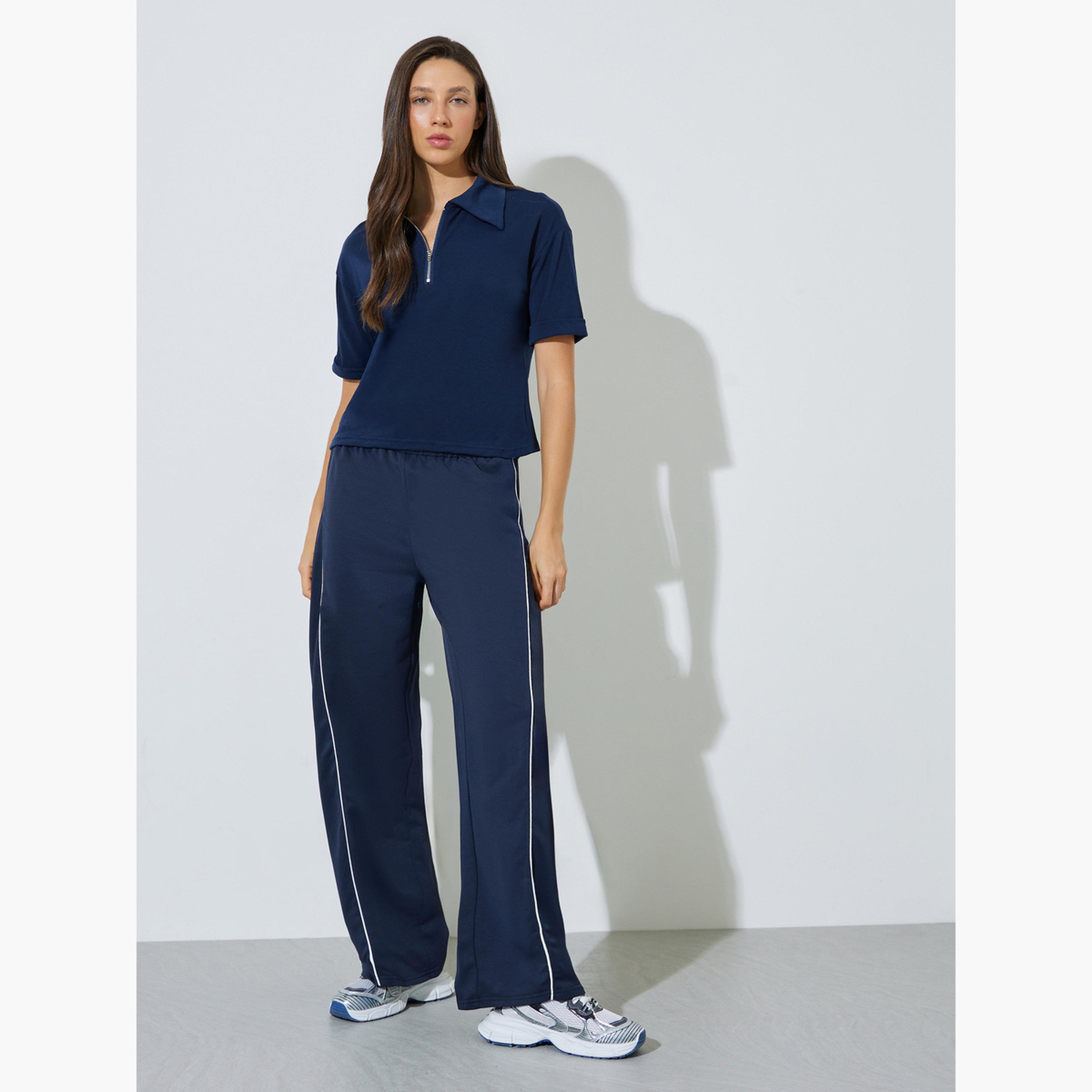 Styli Dark Blue Solid Polo T-Shirt with Quarter-Zip-women-clothing-tshirts-image-2