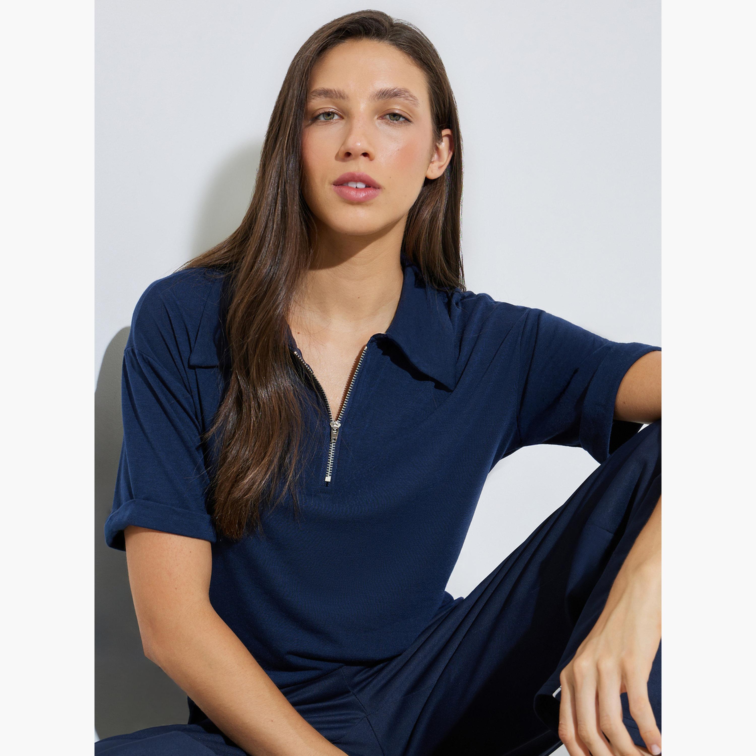 Styli Dark Blue Solid Polo T-Shirt with Quarter-Zip-women-clothing-tshirts-image-3