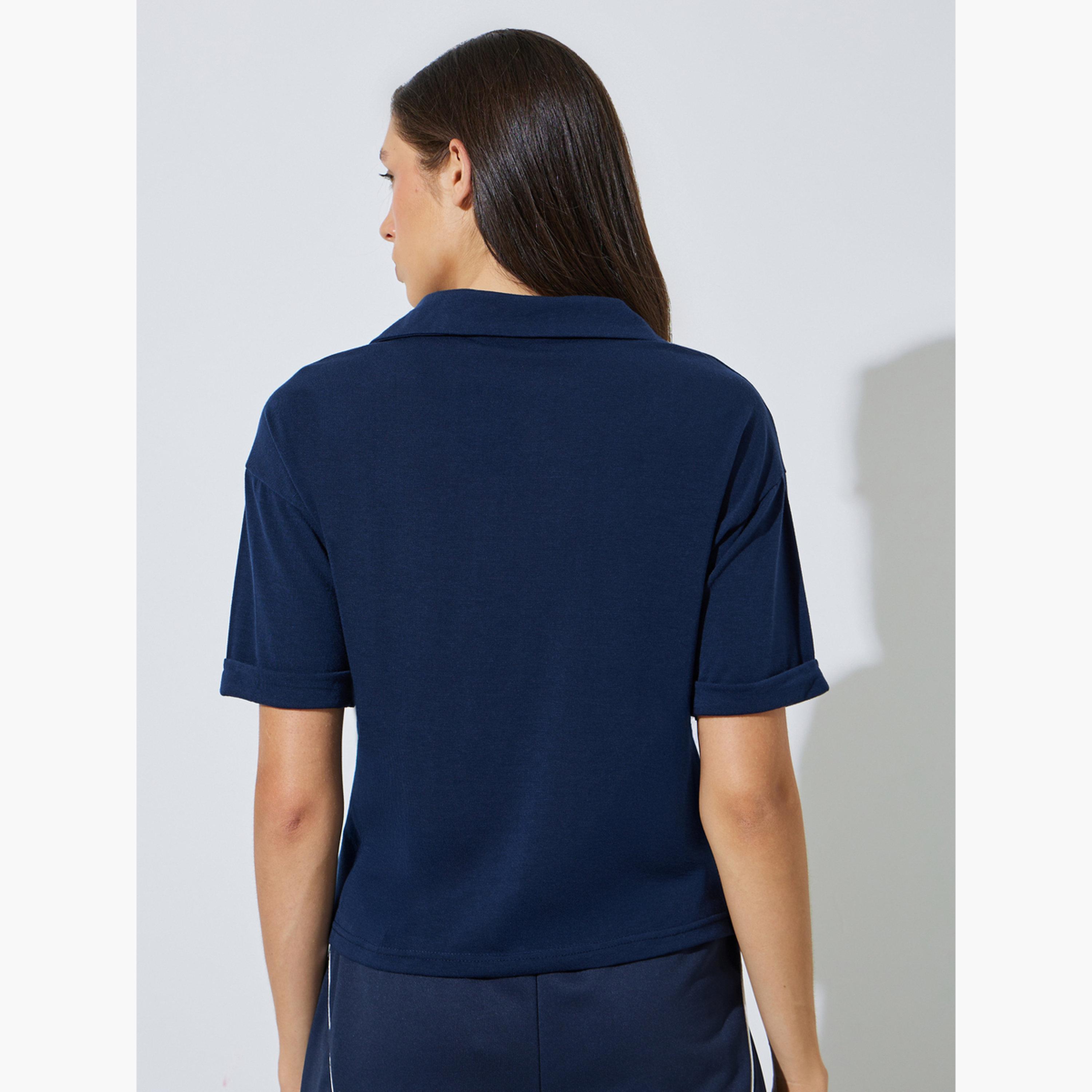 Styli Dark Blue Solid Polo T-Shirt with Quarter-Zip-women-clothing-tshirts-image-4