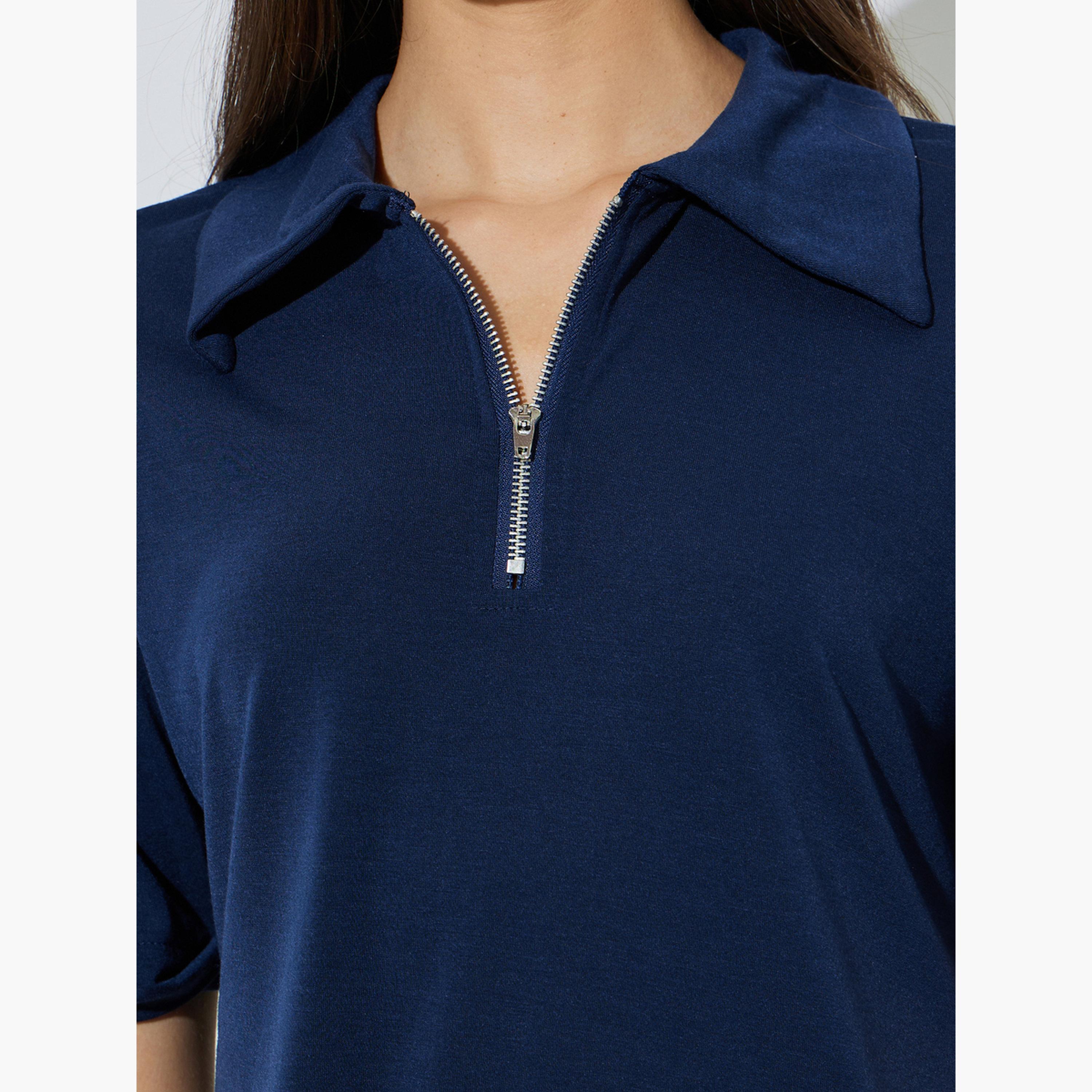 Styli Dark Blue Solid Polo T-Shirt with Quarter-Zip-women-clothing-tshirts-image-5